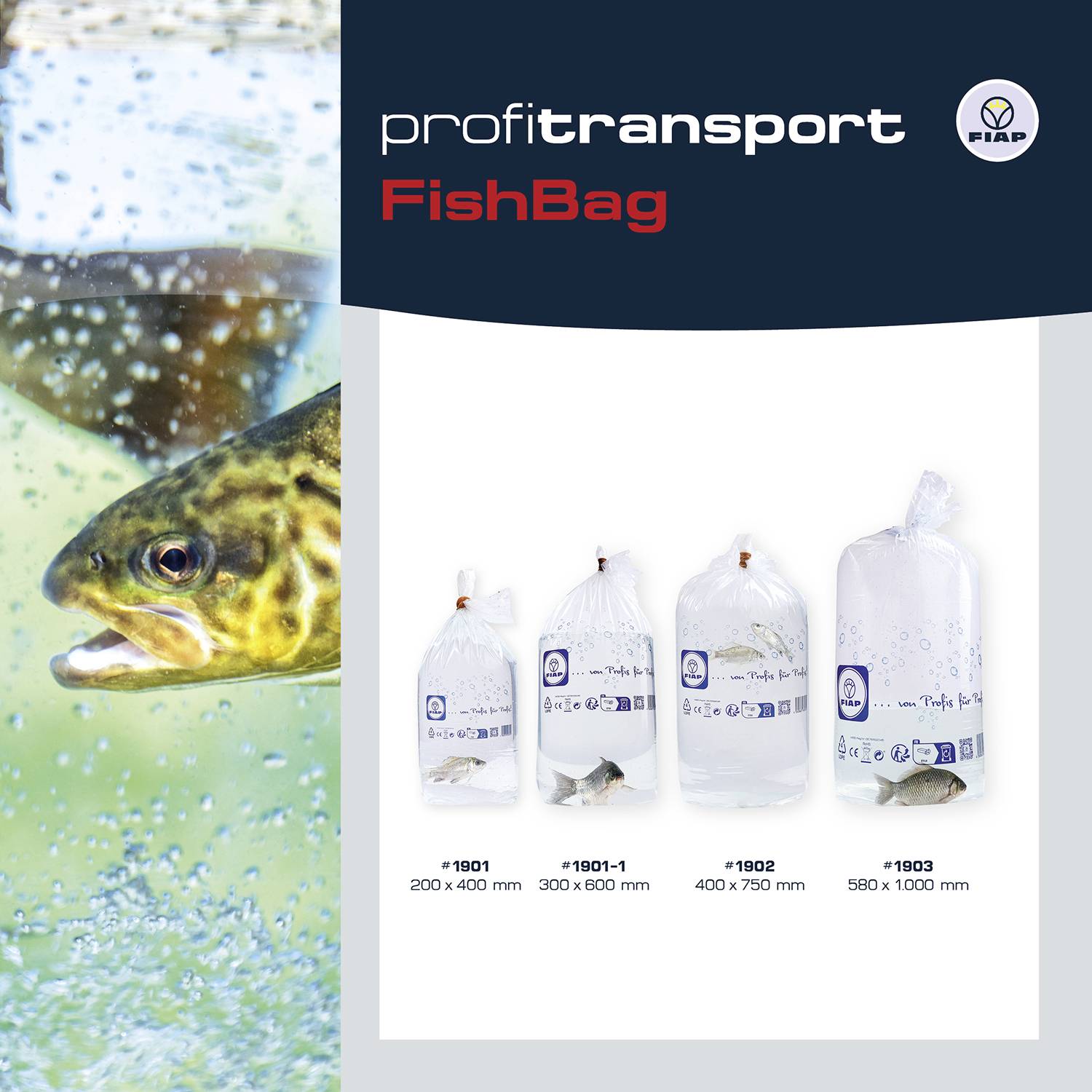 Werbung für FishBag: Bild eines Fisches im Wasser, daneben vier verschiedene Größen von FishBags mit Maßangaben. Marke: profitransport.