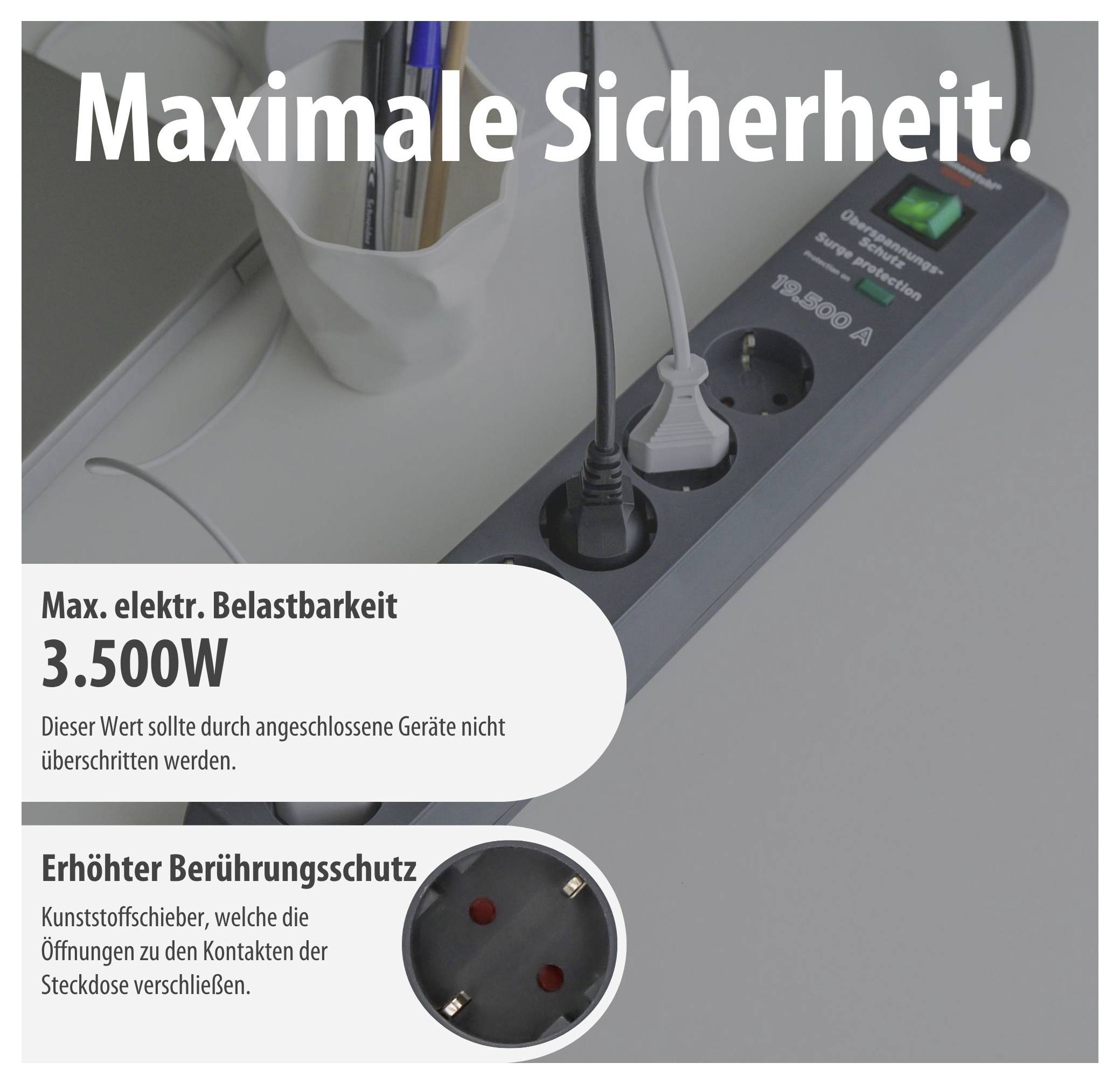 Werbebild einer Steckdosenleiste mit dem Text 'Maximale Sicherheit', max. Belastbarkeit 3.500W und erhöhtem Berührungsschutz durch Kindersicherung.