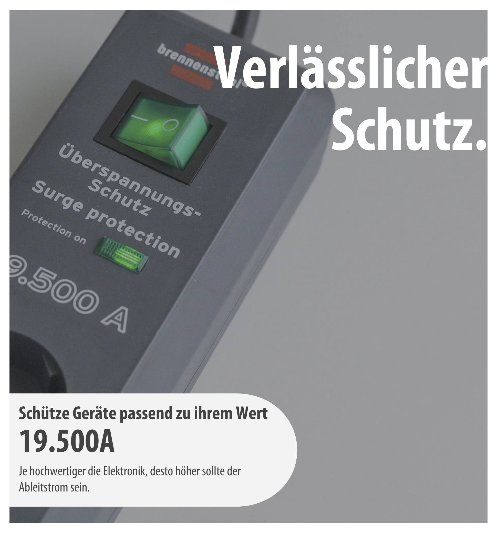 Werbung für Überspannungsschutzgerät: schwarzes Modul mit grünem Schalter, Text 'Verlässlicher Schutz' und Hinweis 'Schütze Geräte passend zu ihrem Wert 19.500A'.