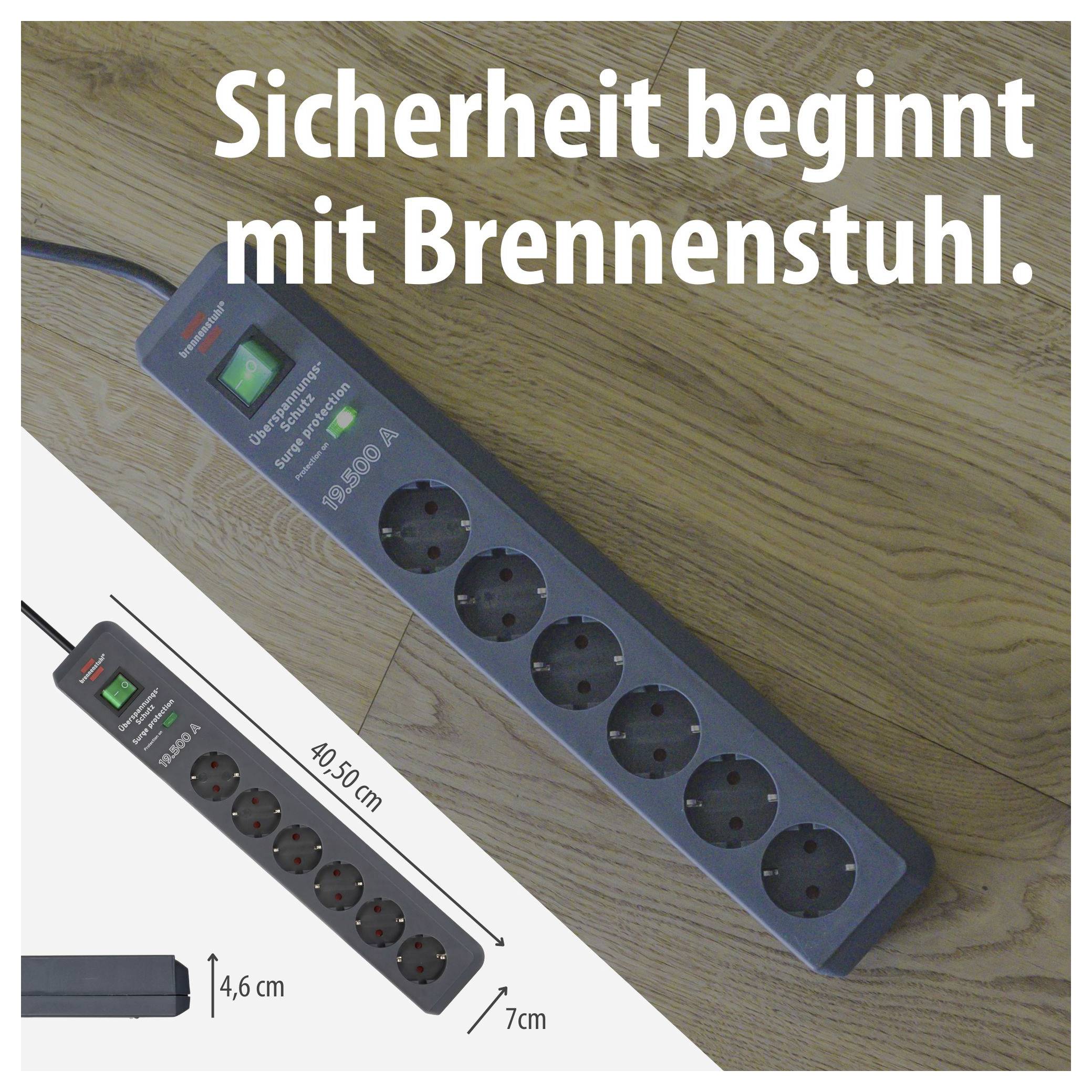 Werbeanzeige für eine Brennenstuhl-Steckdosenleiste mit Schalter und 6 Steckplätzen; Text: 'Sicherheit beginnt mit Brennenstuhl.' sowie Maßangaben 40,5 cm, 4,6 cm und 7 cm.