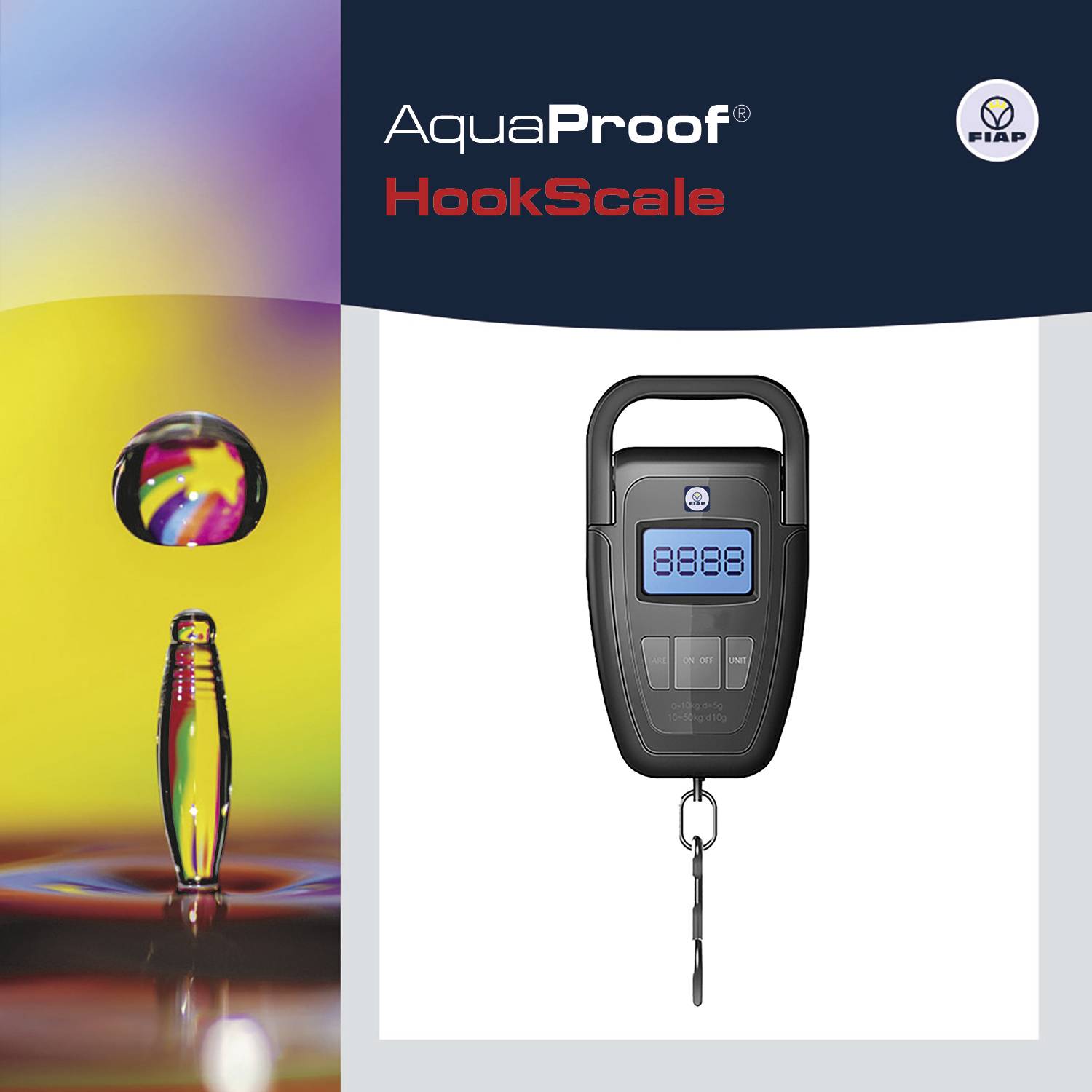 'AquaProof HookScale' Display mit digitalem Hakengewicht. Links, bunte Flüssigkeitstropfen auf gelbem Hintergrund.