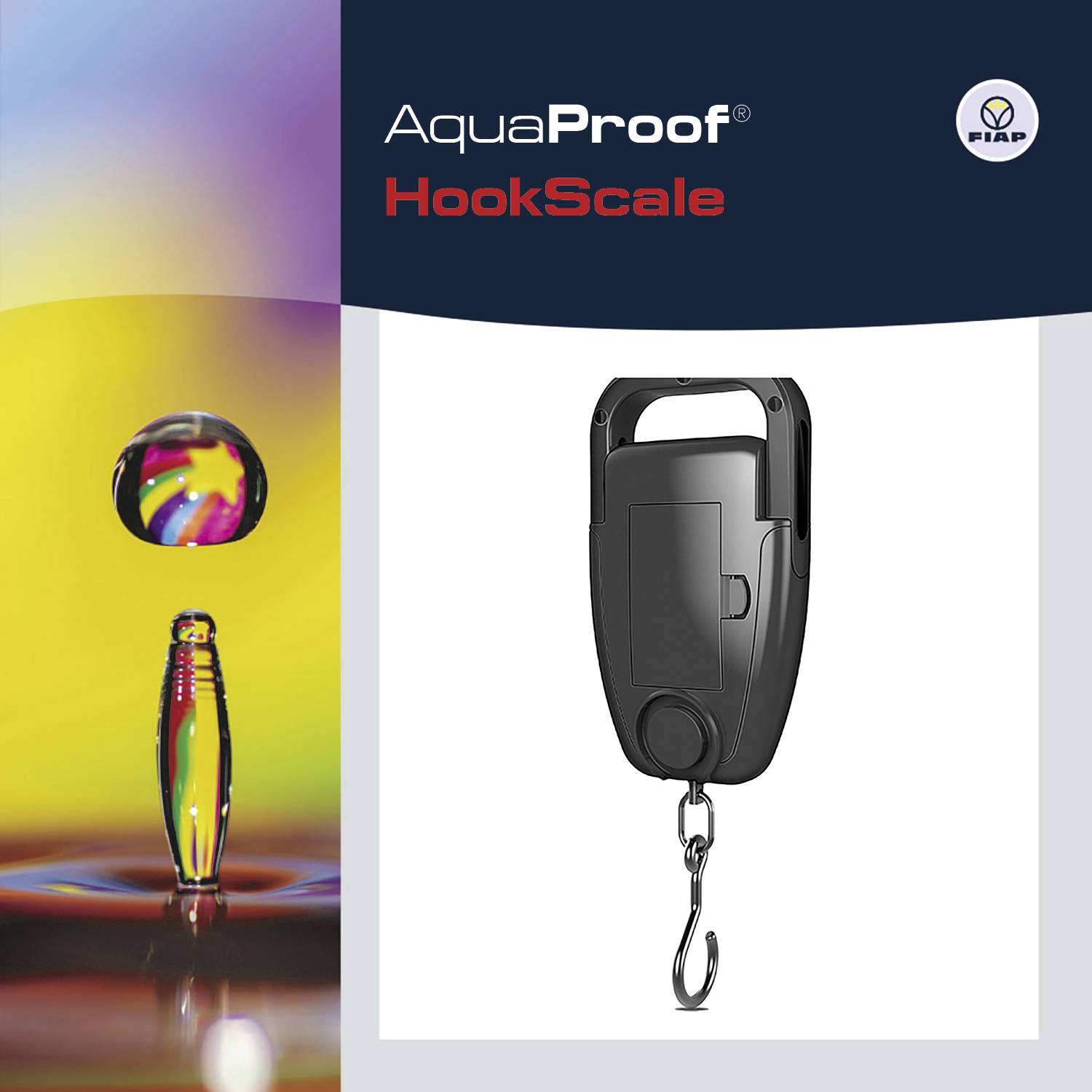 Poster des AquaProof HookScale. Links: Wassertropfen in Regenbogenfarben. Rechts: Schwarze Kofferwaage mit Haken.