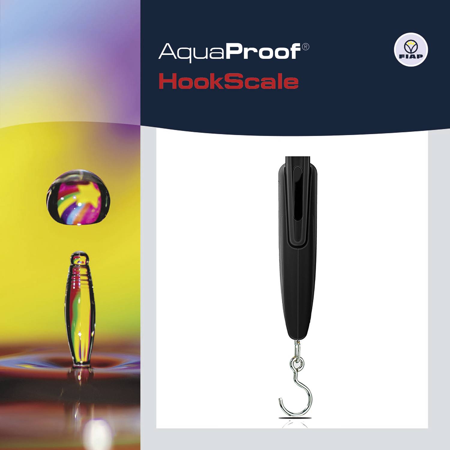 'AquaProof HookScale' und ein Werkzeug mit Haken, aufgeteilt in bunte Wasserspritzbilder links und Produktabbildung rechts.