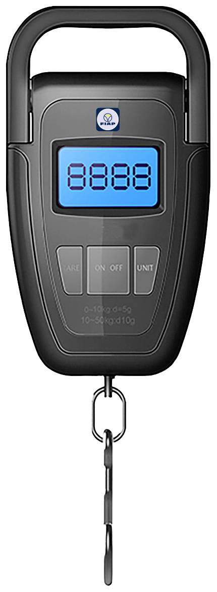 Eine digitale Hängewaage mit Haken, zeigt auf einem blauen Bildschirm die Zahl 8888 an. Die Waage hat Tasten für 'ON/OFF' und 'UNIT'.