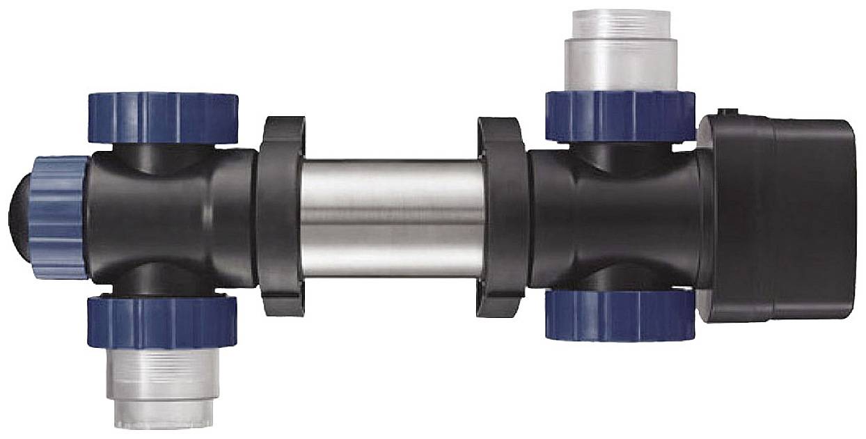 Ein schwarzer Rohrverbinder mit zwei blauen Ventilen an jedem Ende befindet sich in der Mitte, vermutlich für Wasserleitungen oder ähnliche Verbindungen.