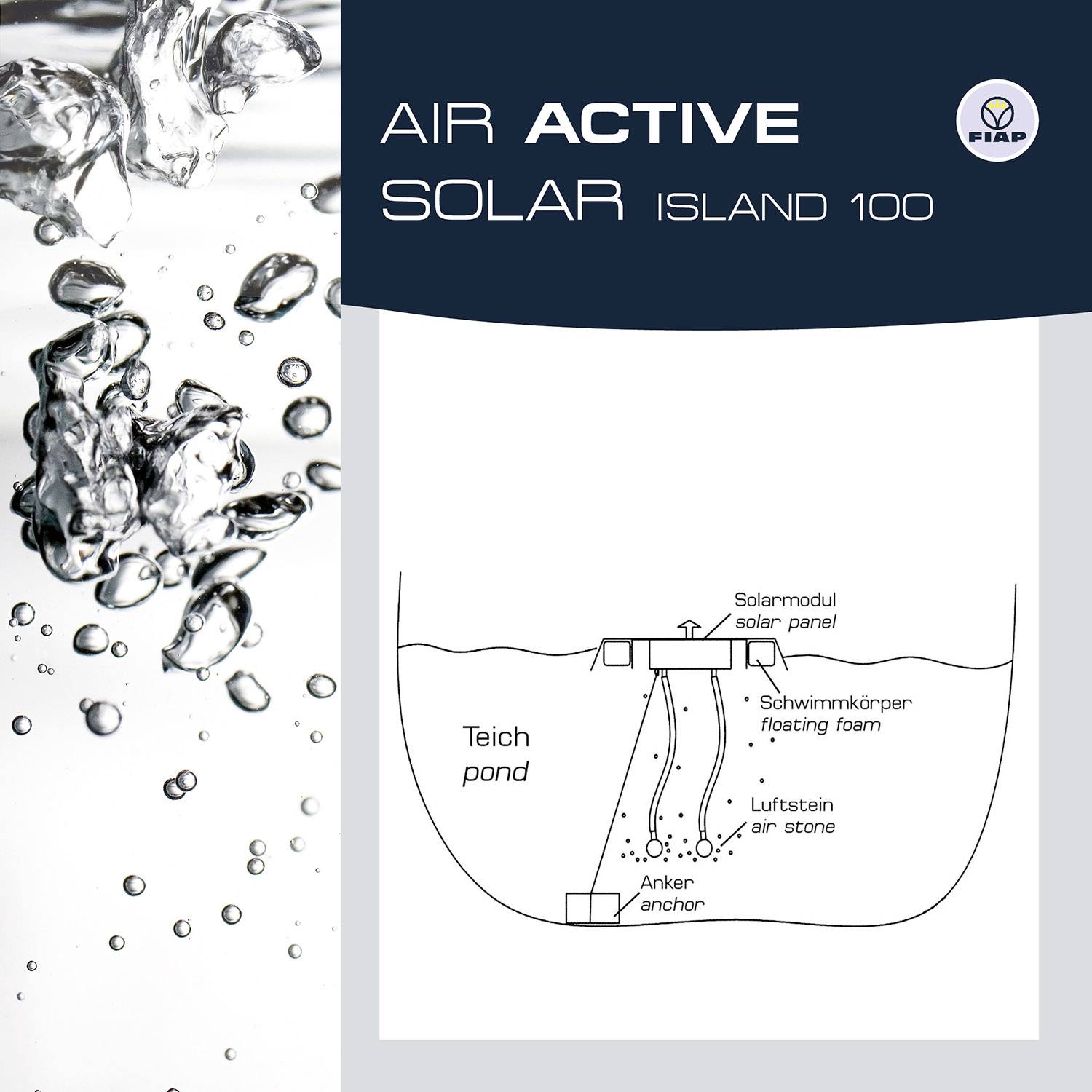 'Air Active Solar Island 100' zeigt eine schematische Darstellung eines Solarmoduls, das über einem Teich schwimmt und mit einem Luftstein verbunden ist.