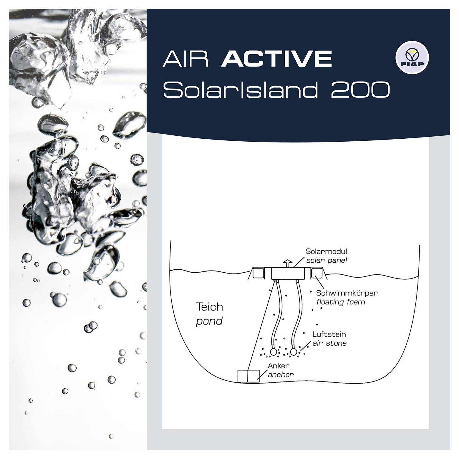 Diagramm des 'AIR ACTIVE Solarisland 200' mit einem schwimmenden Solarpaneel, das in einem Teich verankert ist, mit Luftsteinen und einem schwimmenden Schaumstoffkörper.