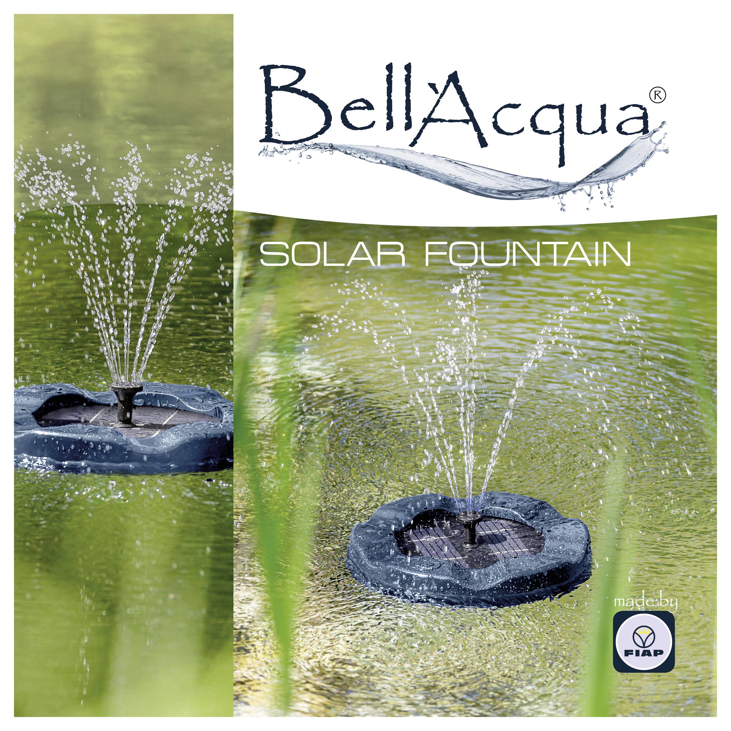 BellaAqua Solarbrunnen Produktbild zeigt einen schwimmenden Brunnen, der Wasser in einem Teich versprüht, mit dem Text „SOLARBRUNNEN