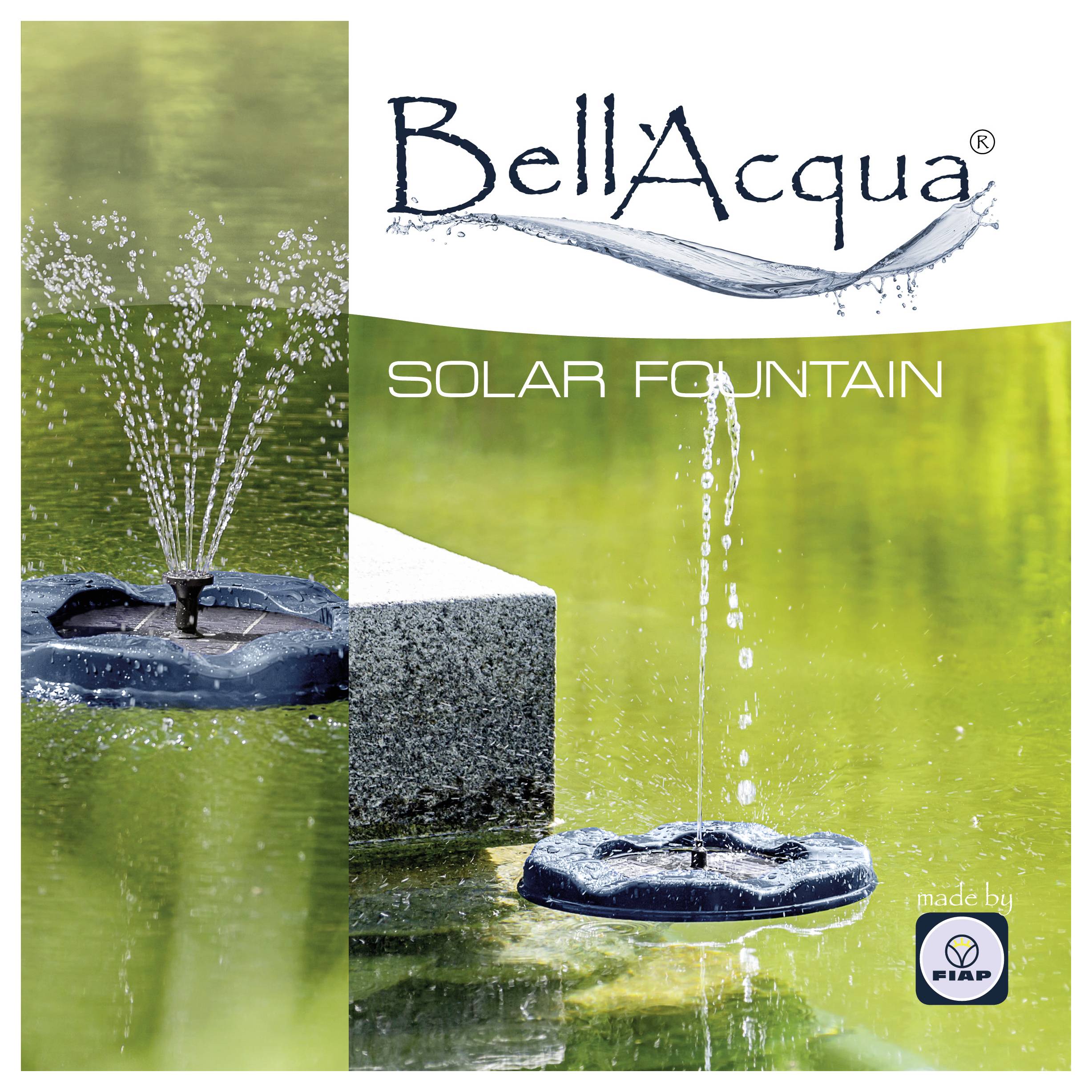 Werbebild für BellaAcqua Solarbrunnen mit schwebenden Wasserspray-Brunnen auf einem Teich mit dem Text 