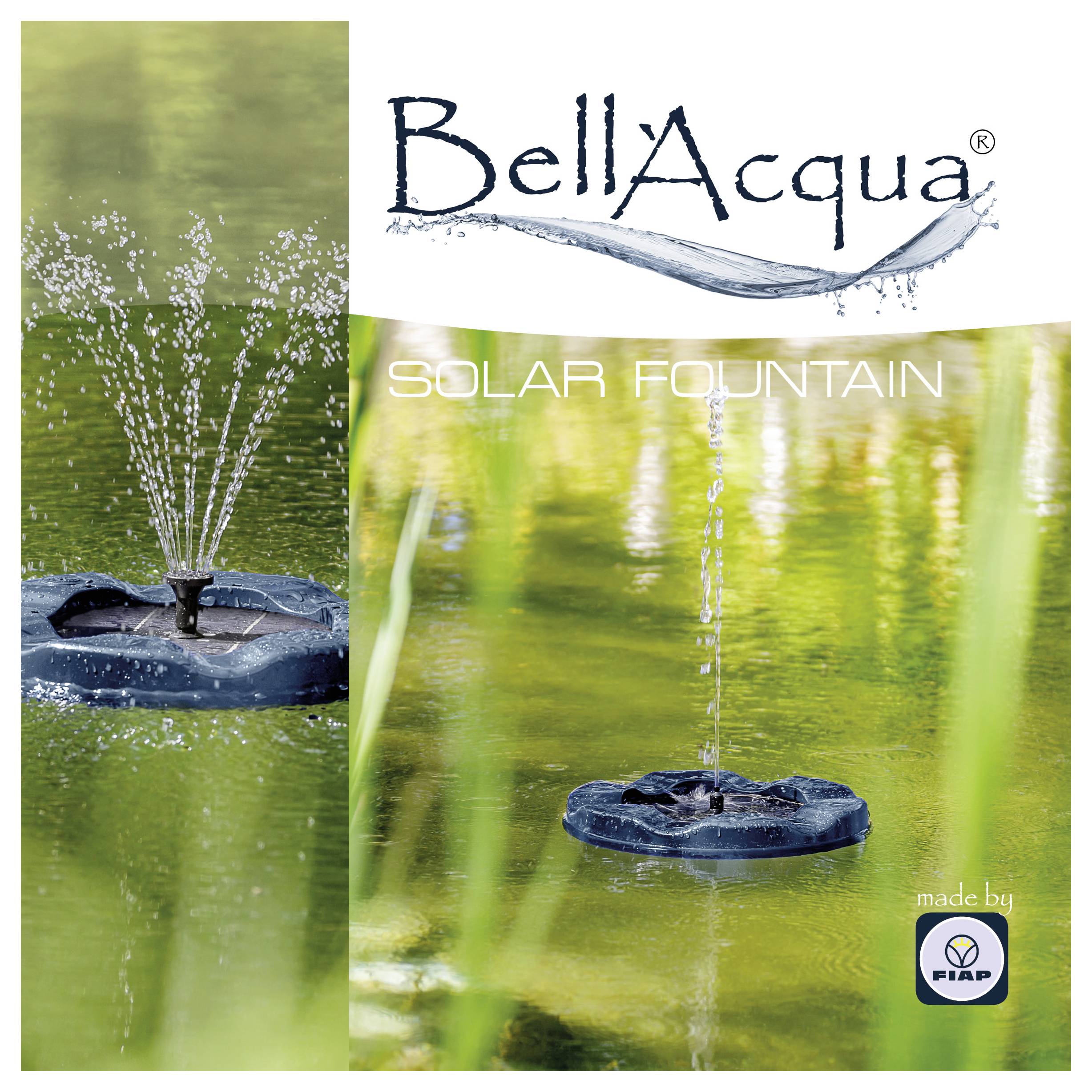 BellaAqua Solarbrunnen schwebt in einem Teich, gezeigt im Einsatz mit Wasserstrahlen, die nach oben spritzen, und dem Text „SOLARBRUNNEN