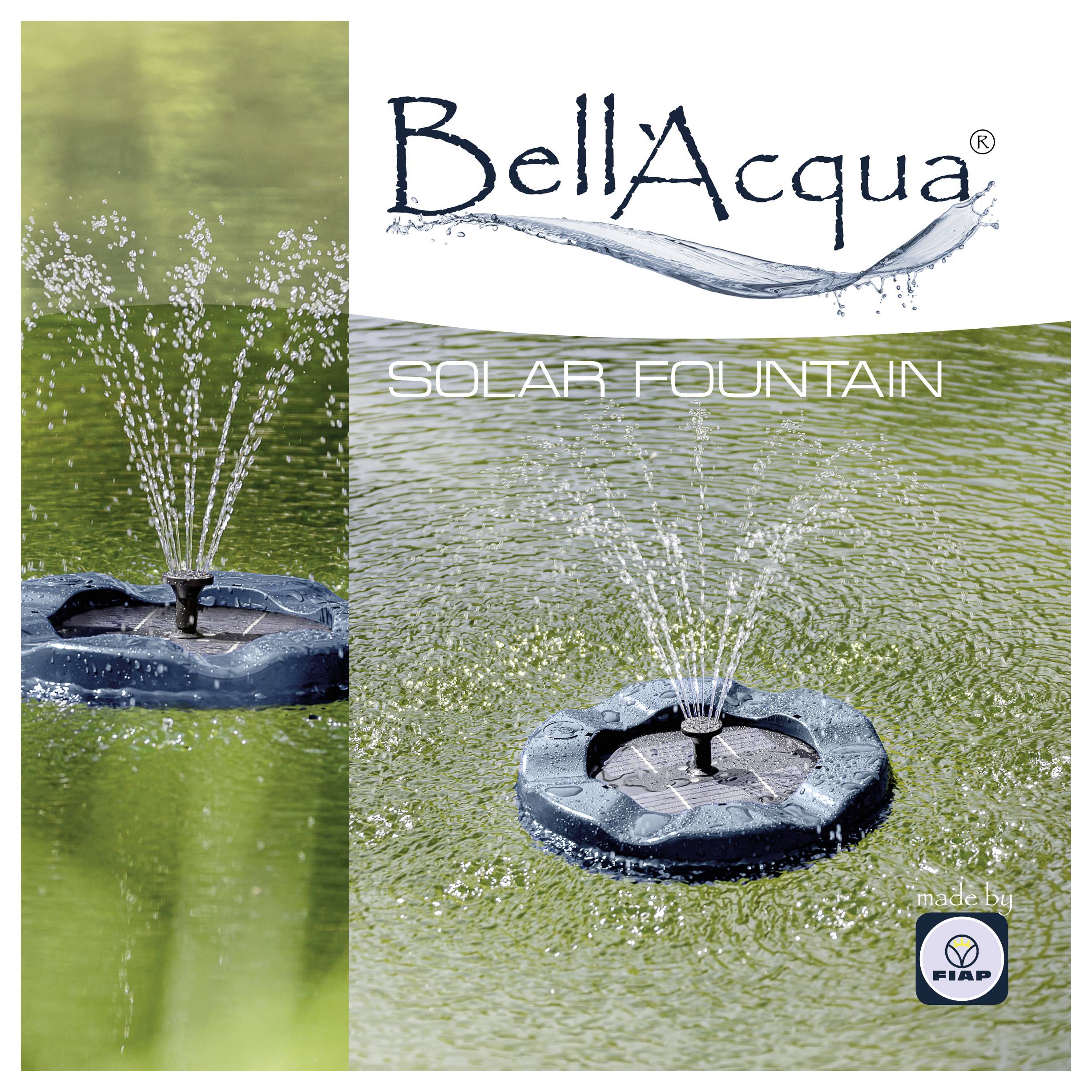 Werbebild einer BellaAqua-Solarbrunnen, die auf dem Wasser schwebt und mehrere Wasserstrahlen versprüht; der Text lautet „BellaAqua