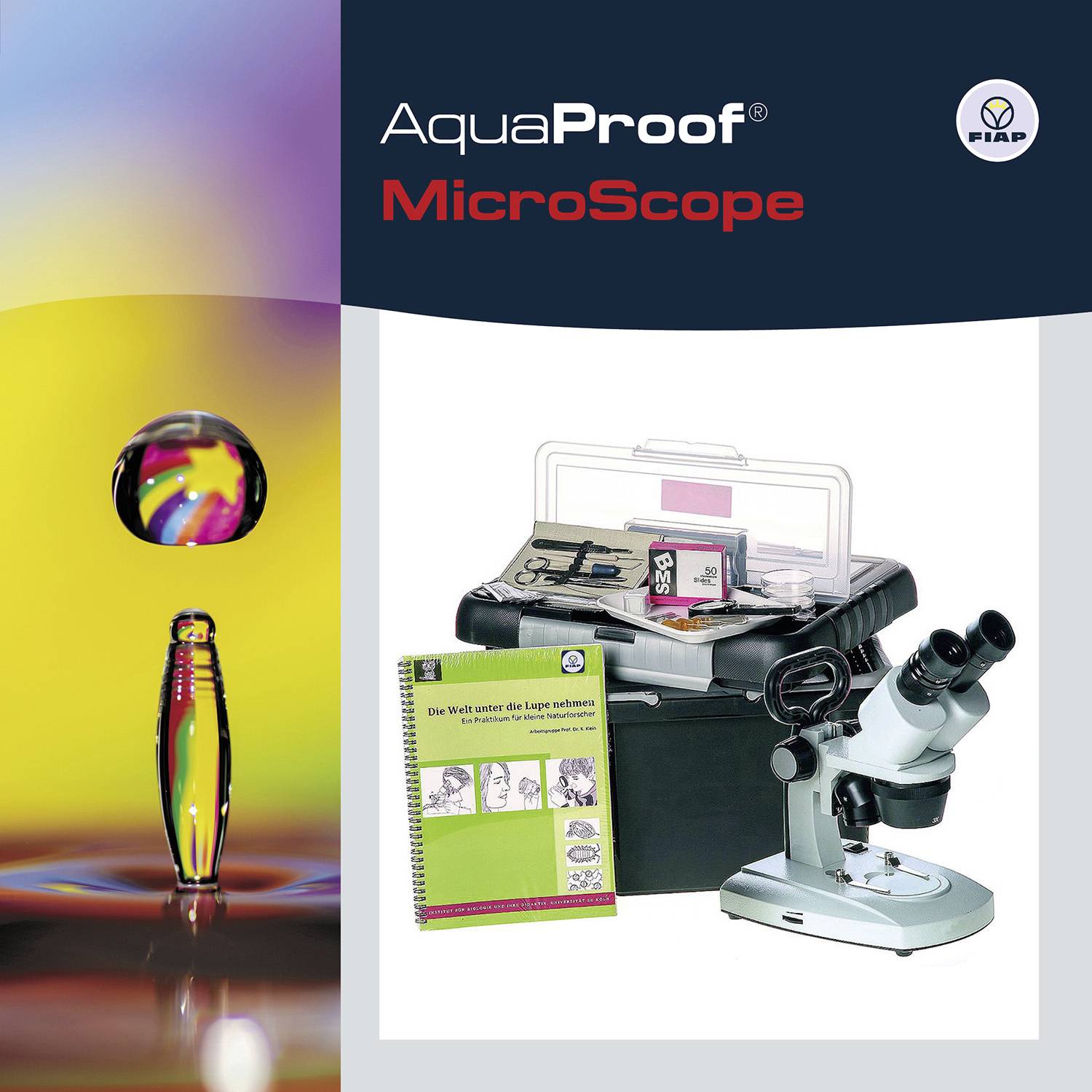 Mikroskop-Set mit Anleitung, Kunststoffbox und Zubehör. Links bunte Wasser-Öl-Grafik. AquaProof-Logo oben rechts.