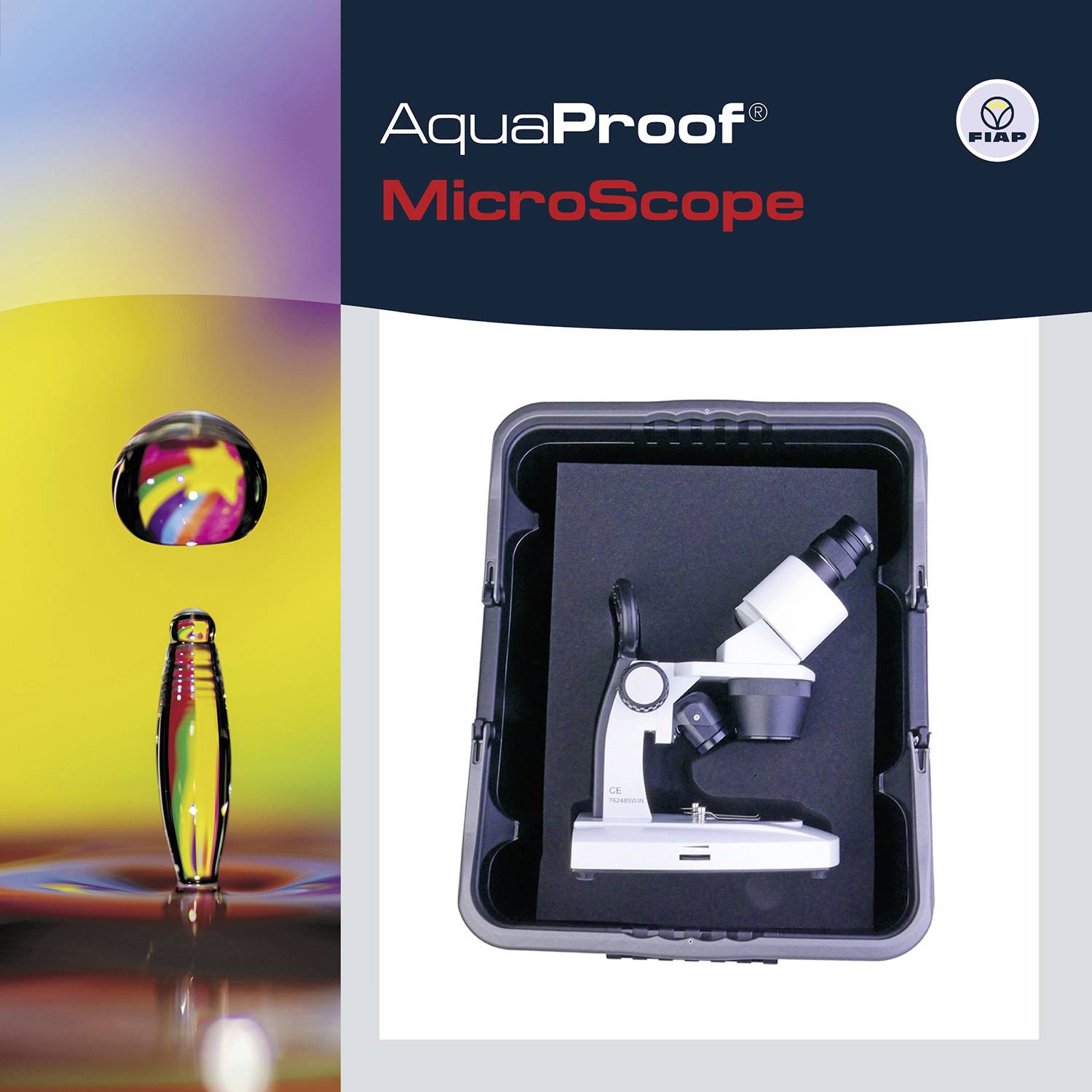 Mikroskop im Koffer mit Firmenlogo oben rechts. Farbige Wassertropfen links.