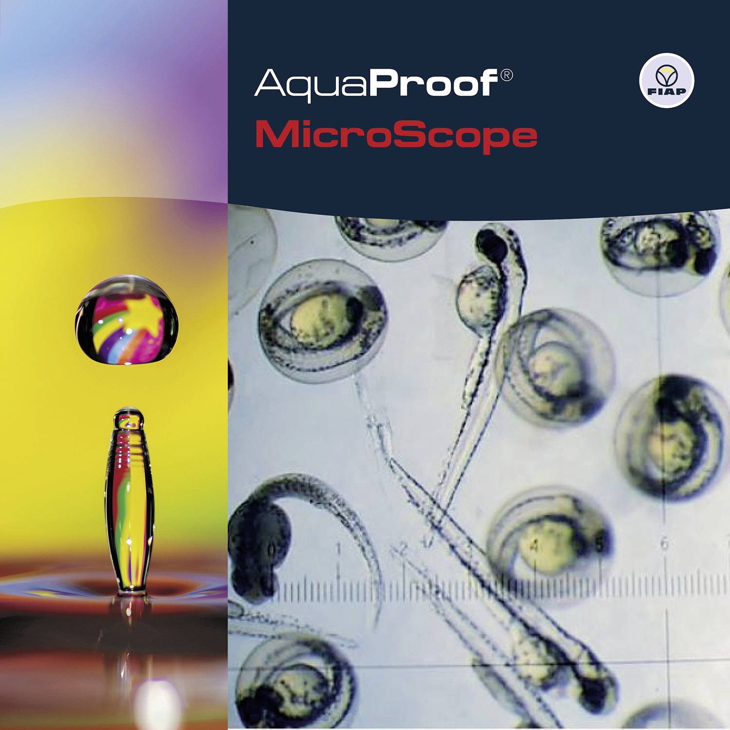 Bild zeigt ein Mikroskopbild von Zellen und einen Wassertropfen, darüber der Text 'AquaProof MicroScope', daneben ein Logo.