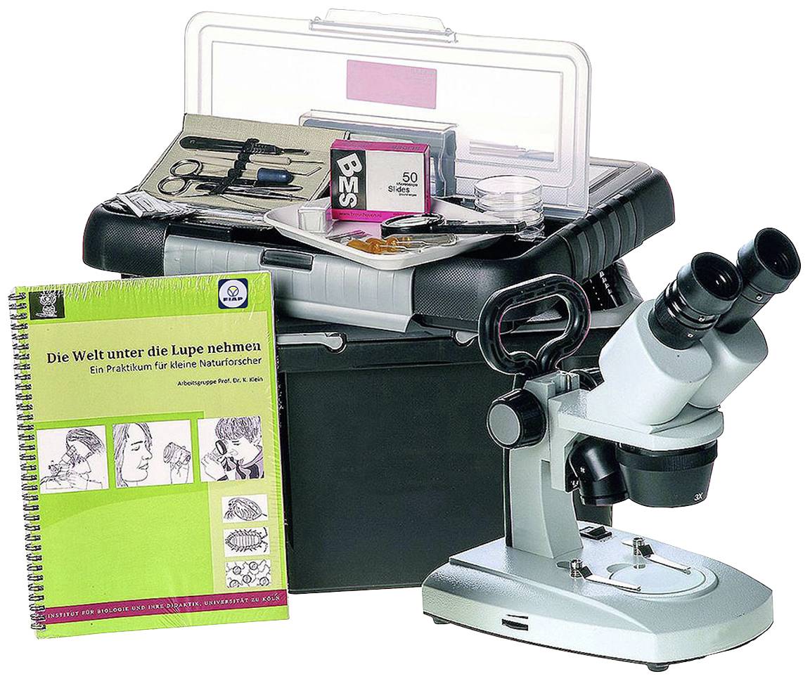 Kinderlabor-Set mit Mikroskop, Notizbuch 'Die Welt unter die Lupe nehmen' und Experimentiermaterialien in Box. Ideal für junge Forscher.