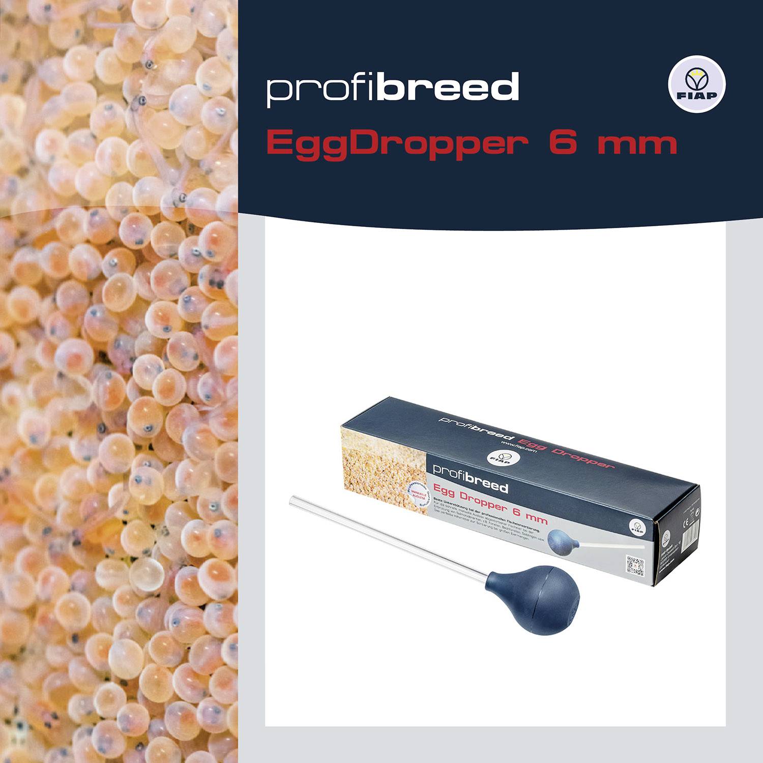 Verpackung eines 'profi breed EggDropper 6 mm' mit Bild von Fischeiern. Enthält eine Tropfpipette für Aquarieneier.