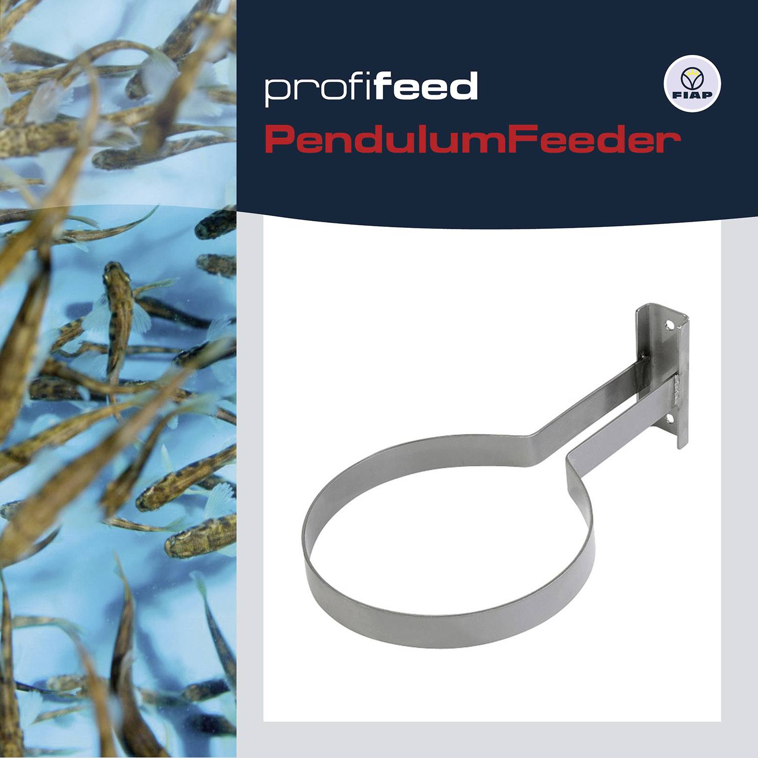 Produktfoto eines PendulumFeeder, Fischfutterspender von Profifeed, für automatische Fütterung in Aquakultur. Links schwimmen Fische.