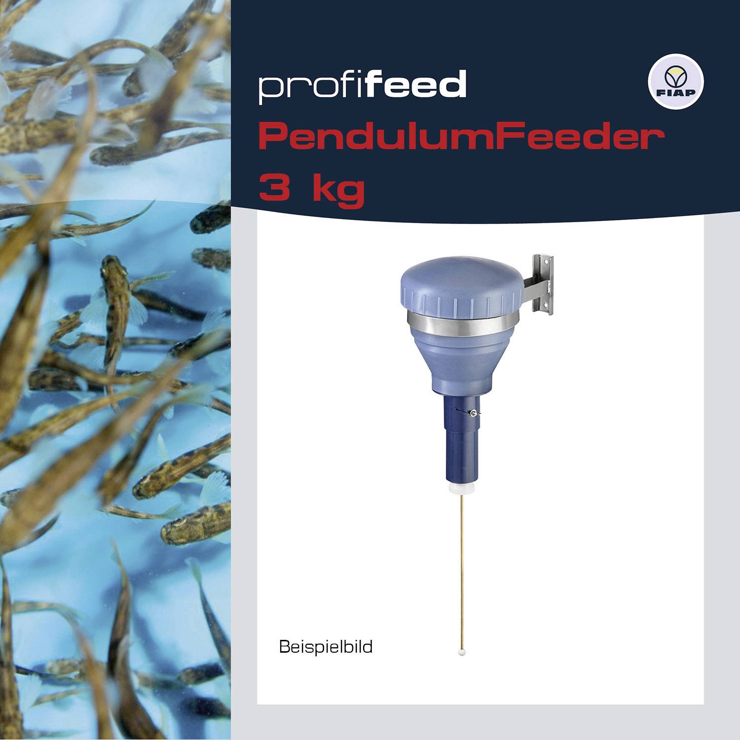Fischfutterschwärmer im Wasser links, rechts eine Pendelfuttermittelspender-Abbildung. Text auf der Verpackung: 'Profifeed PendulumFeeder 3 kg'.