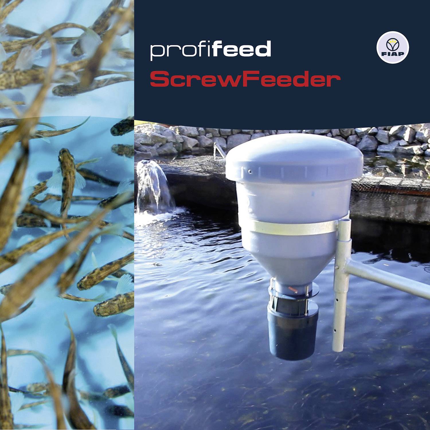 Profilbild eines Fischfuttersystems auf einem Teich mit schwimmenden Fischen. Text oben: profifeed ScrewFeeder.