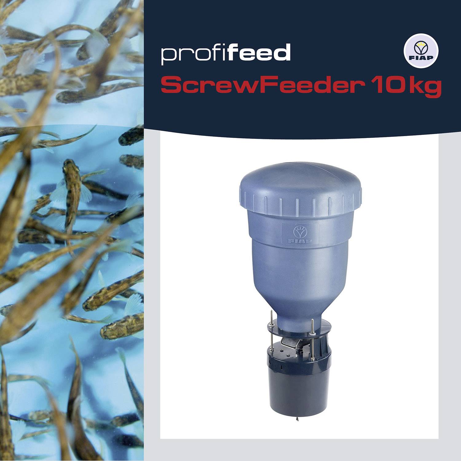 'Profifeed ScrewFeeder 10kg' ist abgebildet. Auf der linken Seite sind schwimmende Fische in blauem Wasser zu sehen.