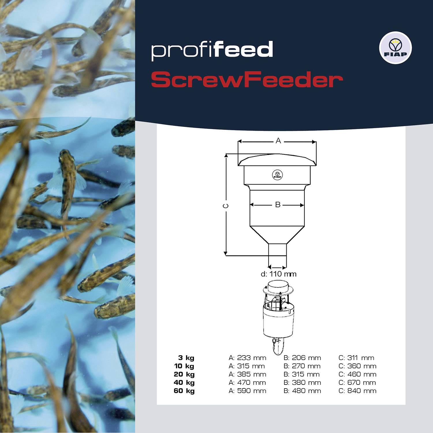 'ProfiFeeder ScrewFeeder'-Poster; Bild von vielen kleinen Fischen im Wasser. Diagramm zeigt Maße eines Futterschnecken-Feeders.