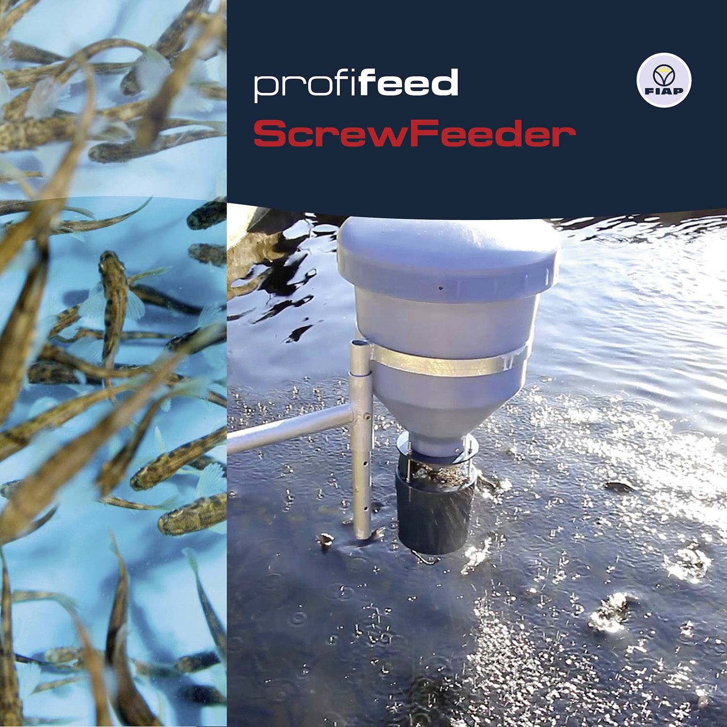 'Profifeed ScrewFeeder' in Aktion an einem Fischteich. Links Fische im Wasser. Logo in der oberen rechten Ecke.