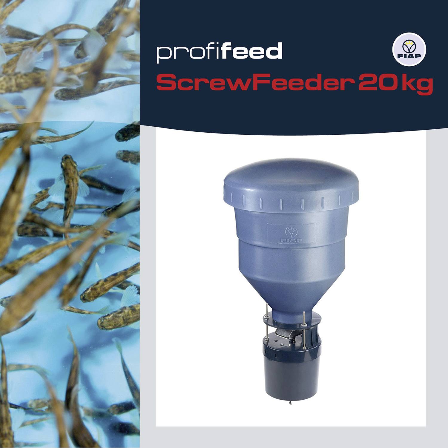 'profifeed ScrewFeeder 20kg' Futterautomat. Links im Bild schwimmende Fische in blauem Wasser.
