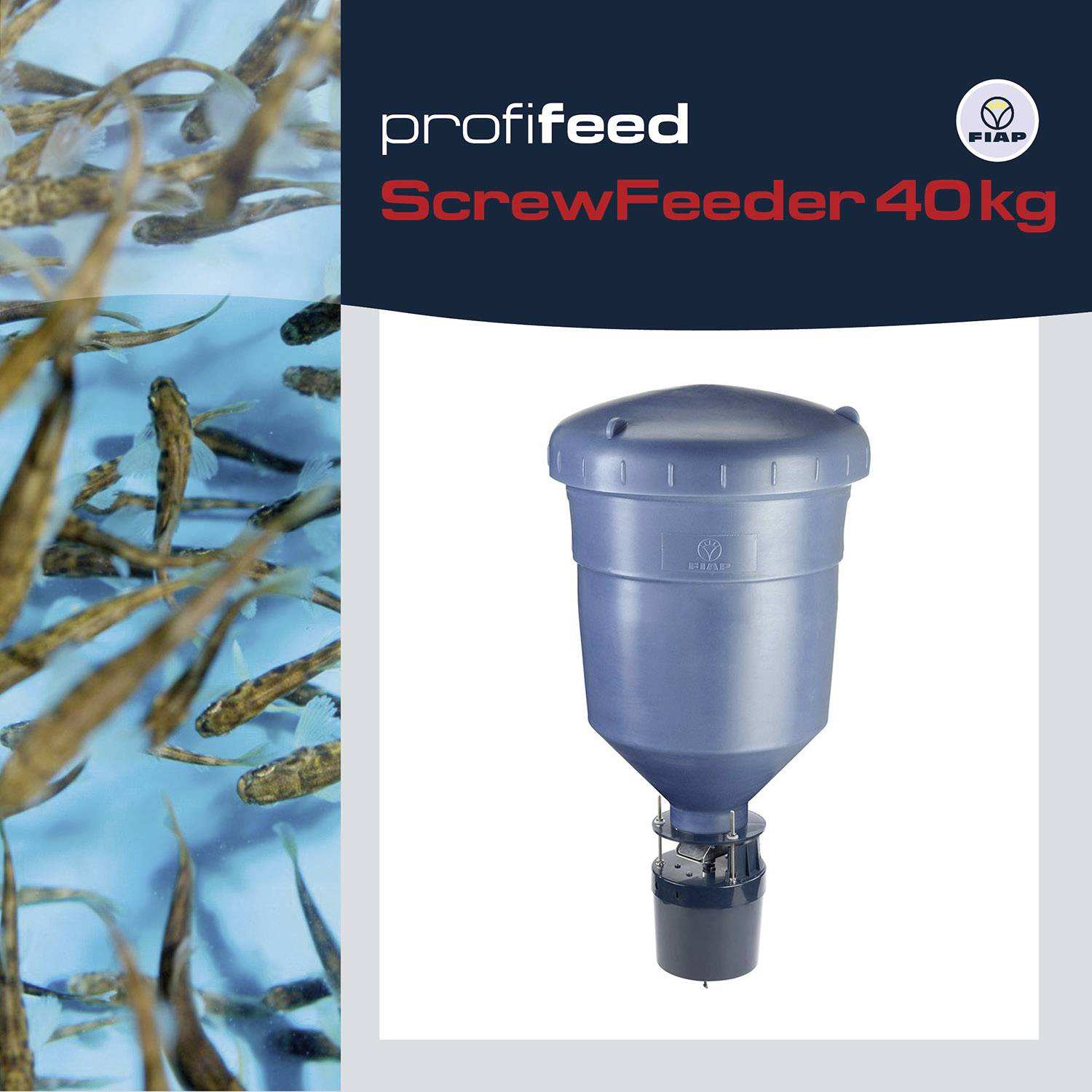 Fischfutterautomat 'ScrewFeeder 40 kg' von profifeed, abgebildet mit einer Ansammlung von Fischen im Wasser links daneben.