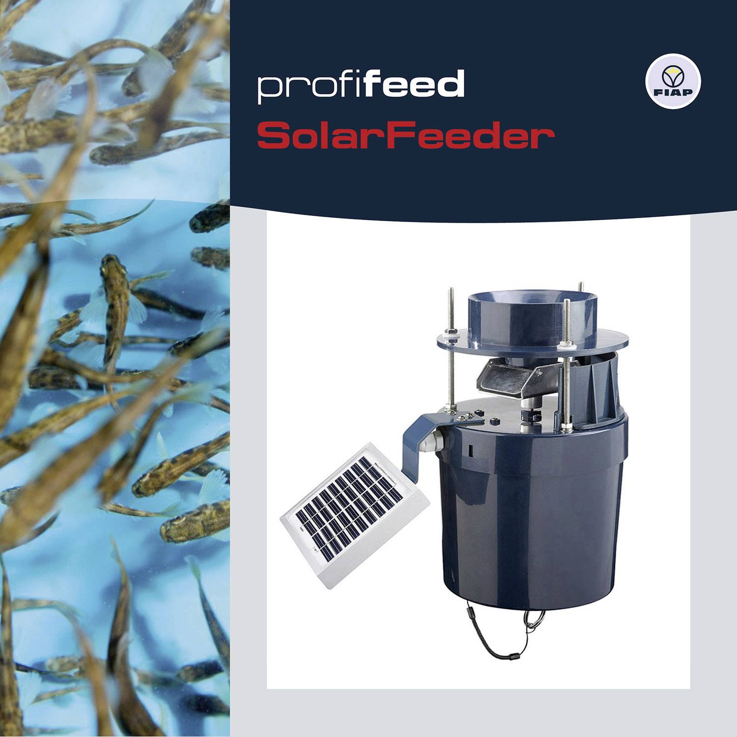 'Profifeed SolarFeeder' zeigt ein solarbetriebenes Futtergerät mit einem Solarpanel, umgeben von einem Wasser mit schwimmenden Fischen.