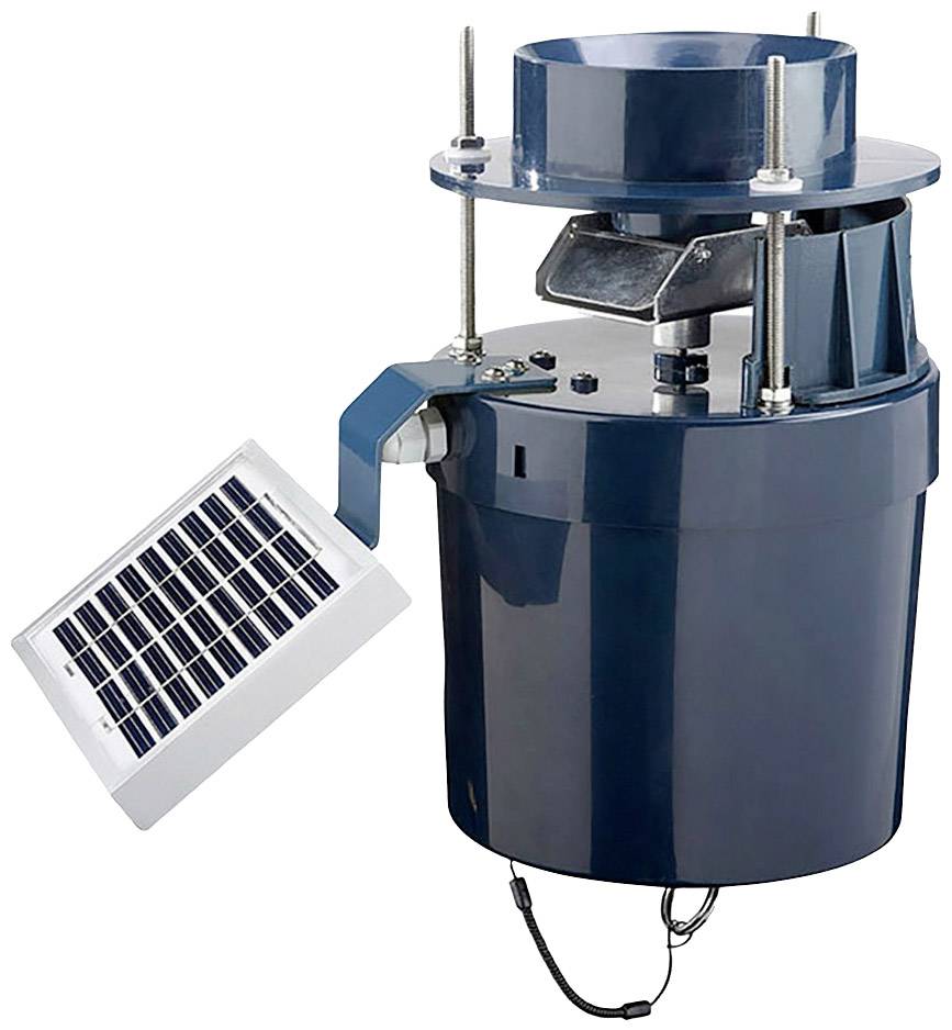 Ein dunkelblaues, zylindrisches Gerät mit Solarzellenmodul, vermutlich zur Energiegewinnung und Umweltmessung geeignet.