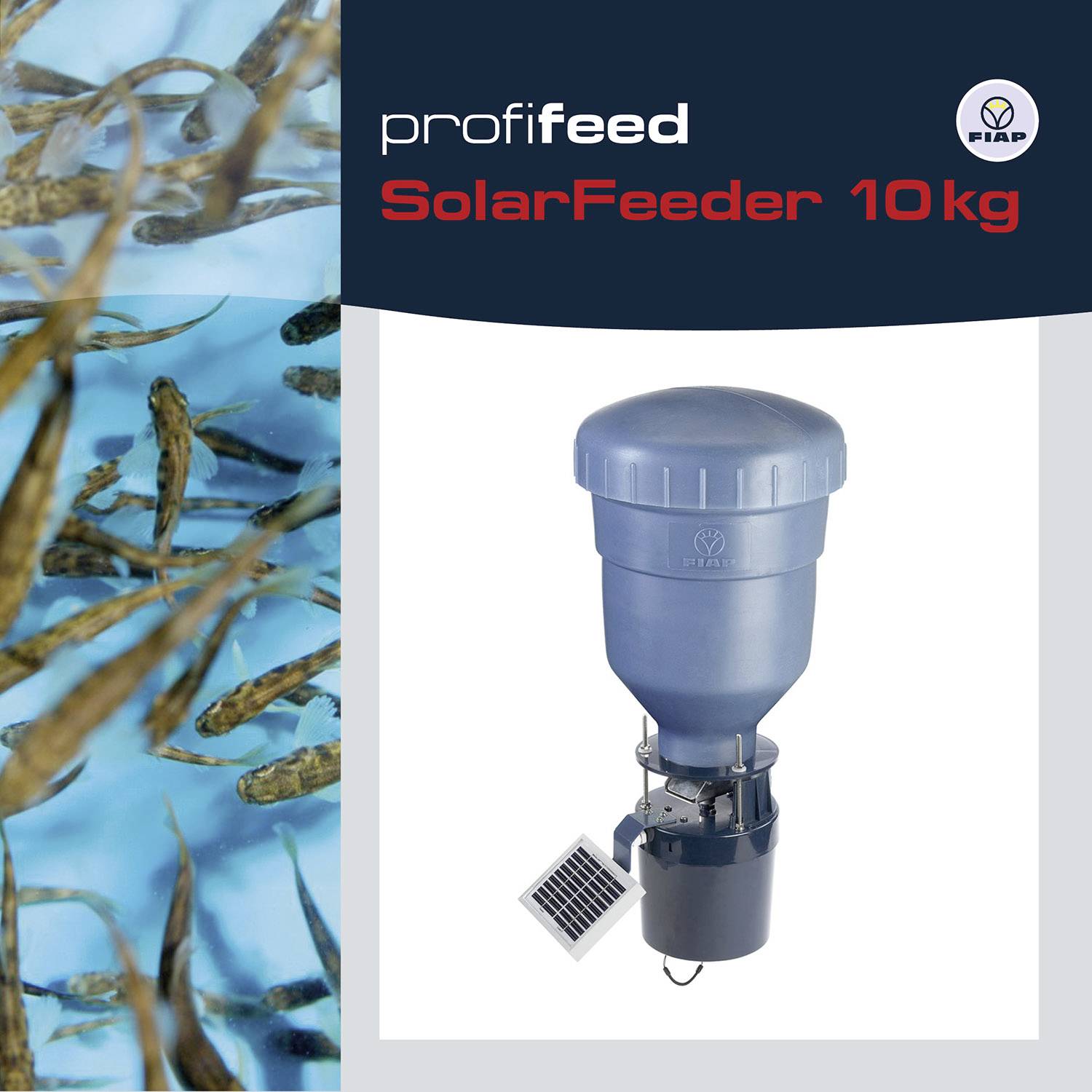 'profeed SolarFeeder 10 kg' Fischfuttersystem mit Solarpanel und Wasser voller Fische.