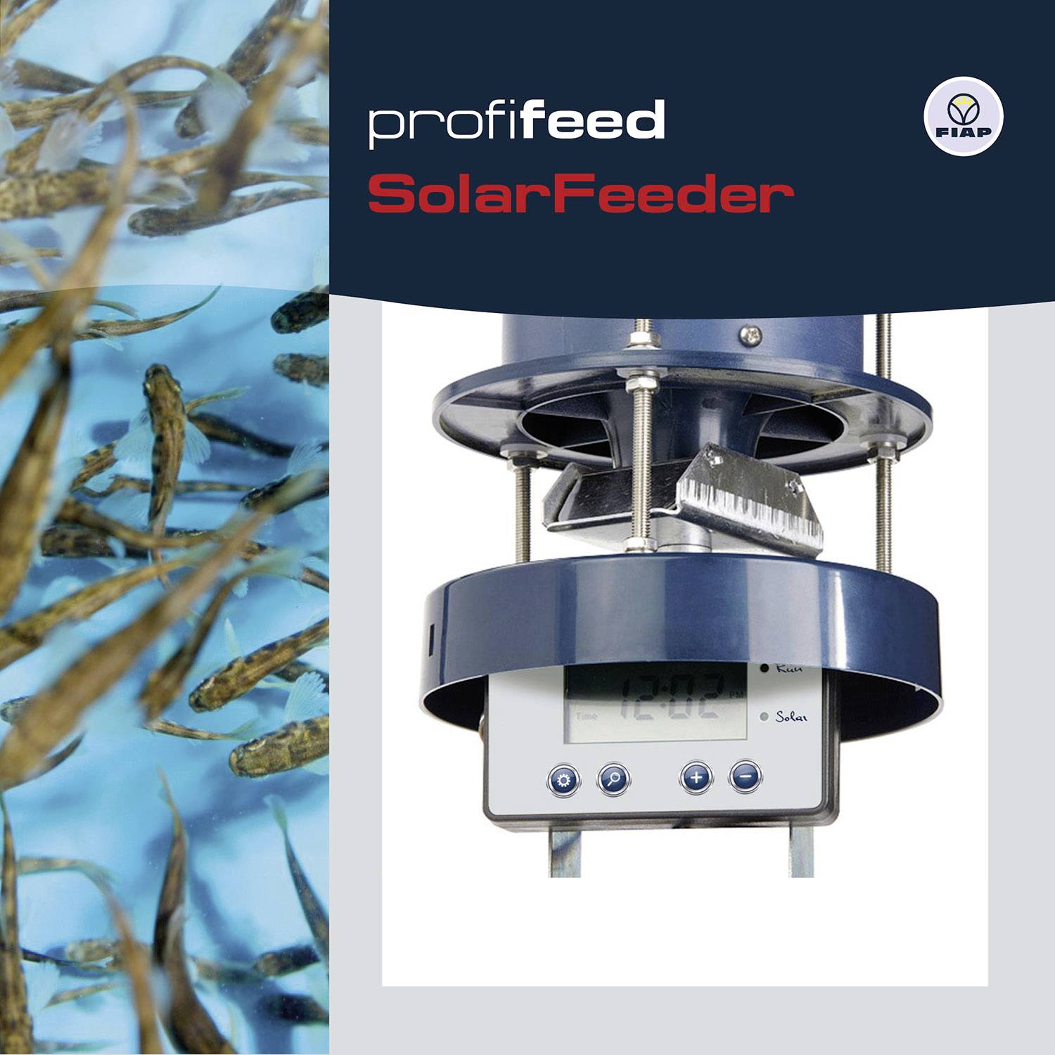 Das Bild zeigt Fische im Wasser neben einem technischen Gerät namens 'SolarFeeder', das zur Fütterung in der Aquakultur dient.