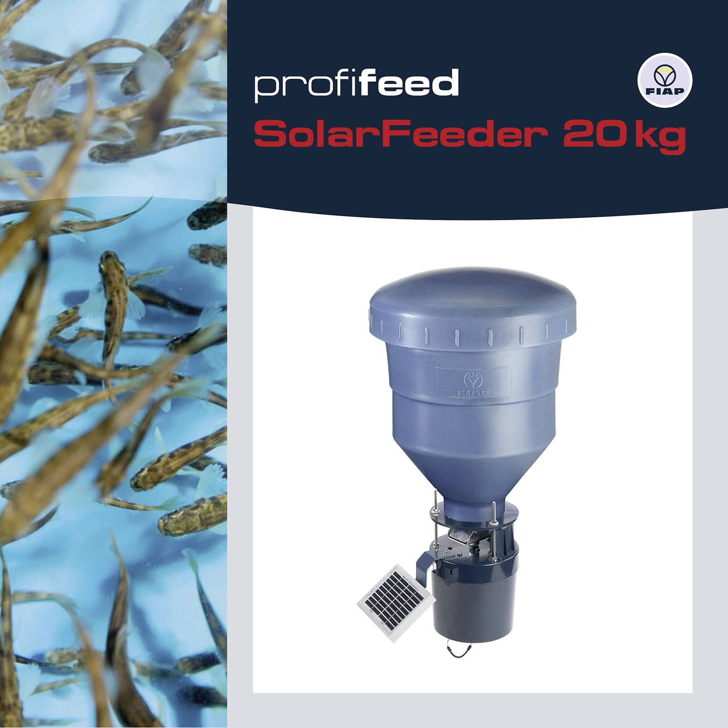 'Profileed SolarFeeder 20 kg' neben Fischbild. Solar Feeder zeigt ein blaues Gehäuse mit Solarpanel, passend für Aquakultur.