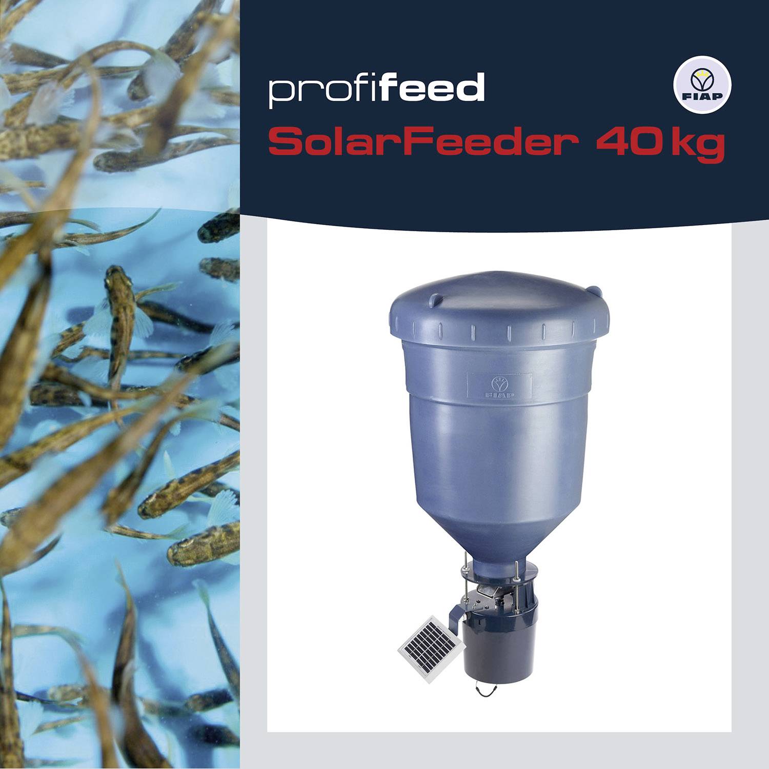 Links schwimmende Fische im Wasser, rechts blauer Solar-Futterspender. Oben links Text: 'profifeed SolarFeeder 40 kg'.