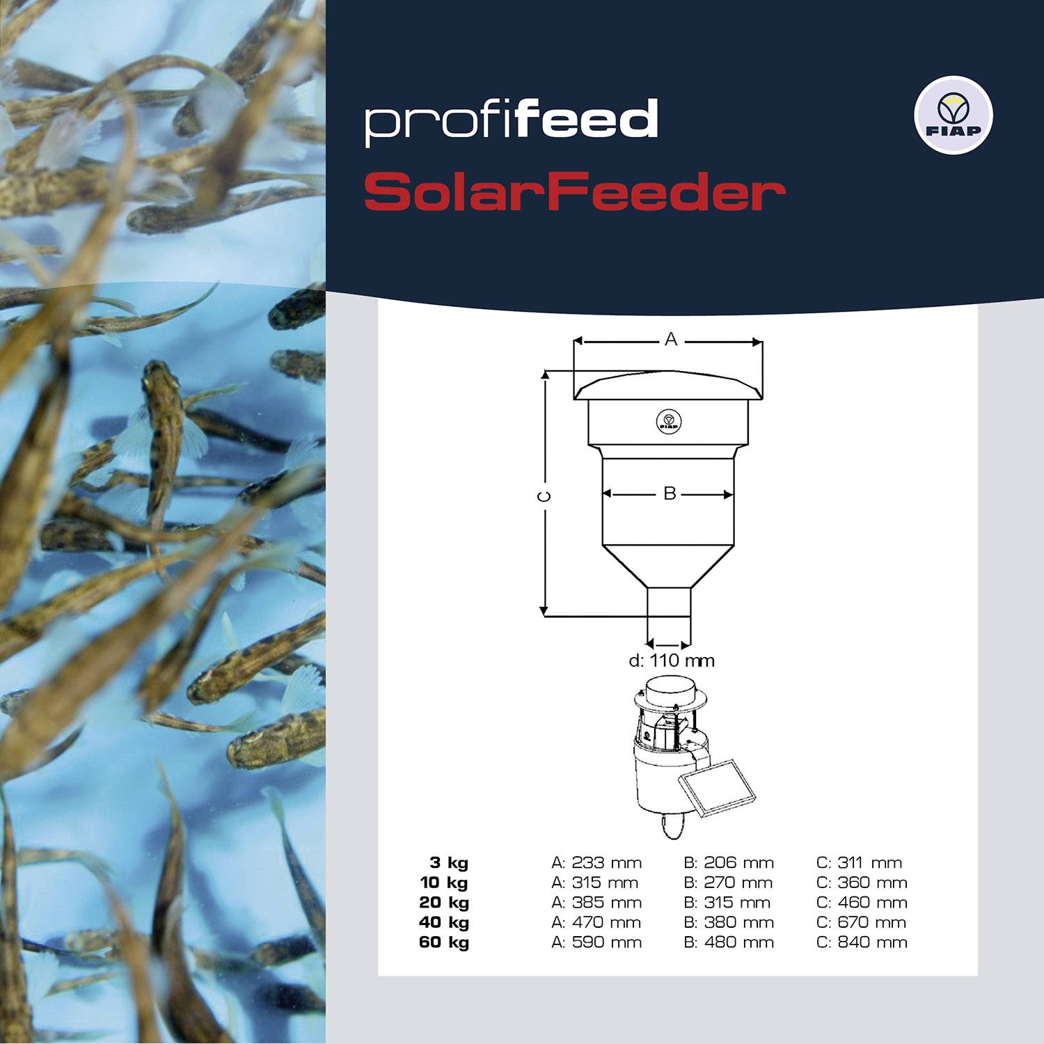 Das Bild zeigt das Produkt 'profeed SolarFeeder' mit einer technischen Zeichnung, die Abmessungen und eine Tabelle mit Gewichtsangaben darstellt.
