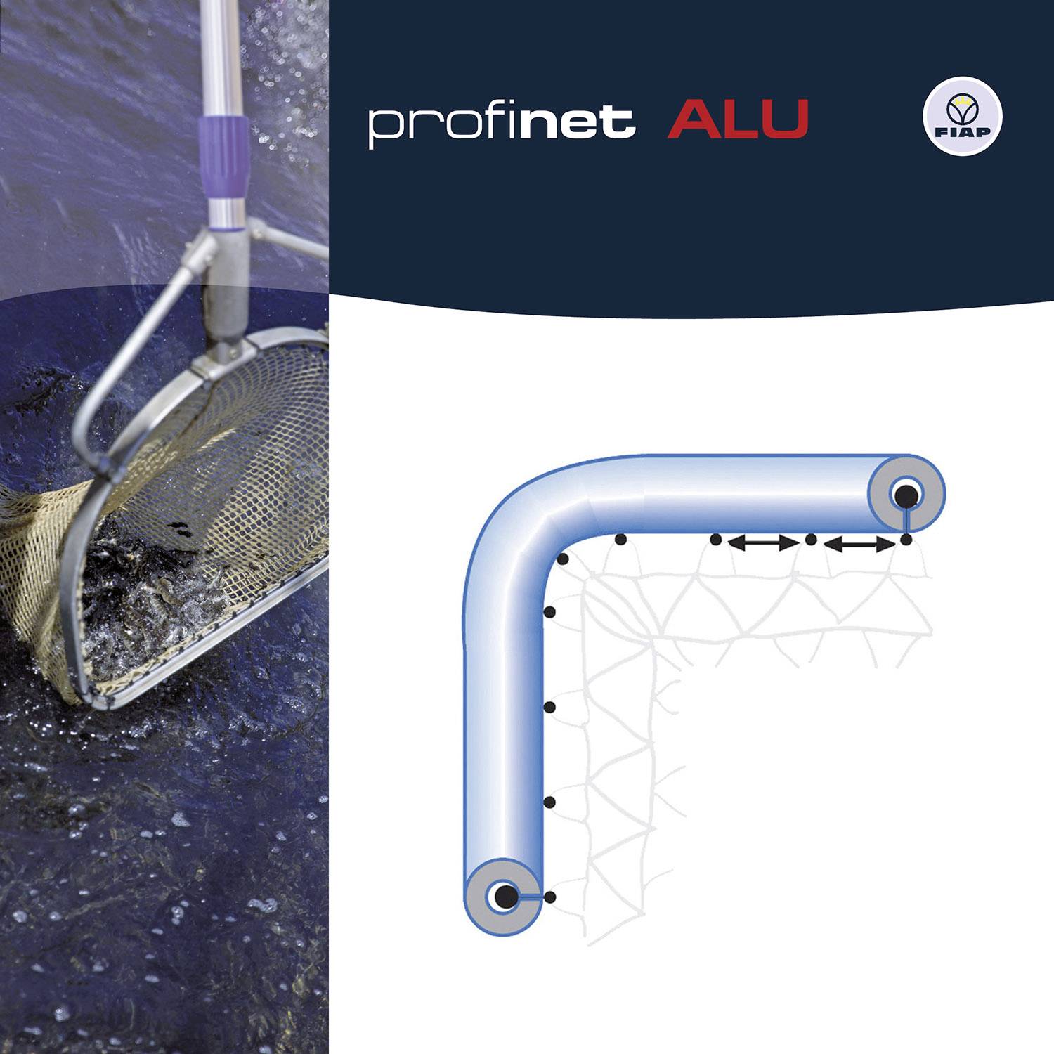 'profinet ALU' Fischernetz in Wasser mit Aluminiumrahmen und blauem Kunststoffgriff, Markenlogo oben rechts.