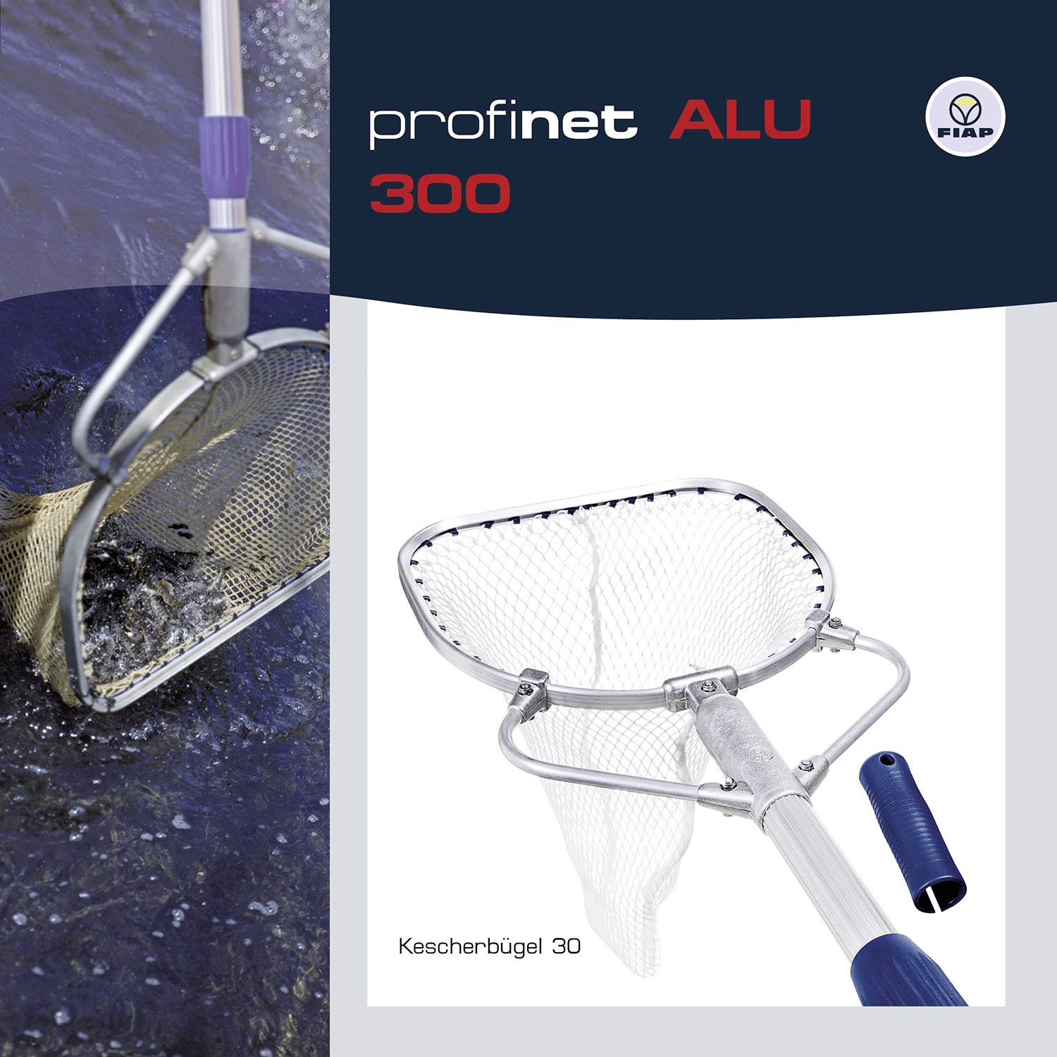 Fischkescher mit Aluminiumbügel im Wasser. Text: 'profinet ALU 300', Markenname oben rechts, losen Griff separat gezeigt.