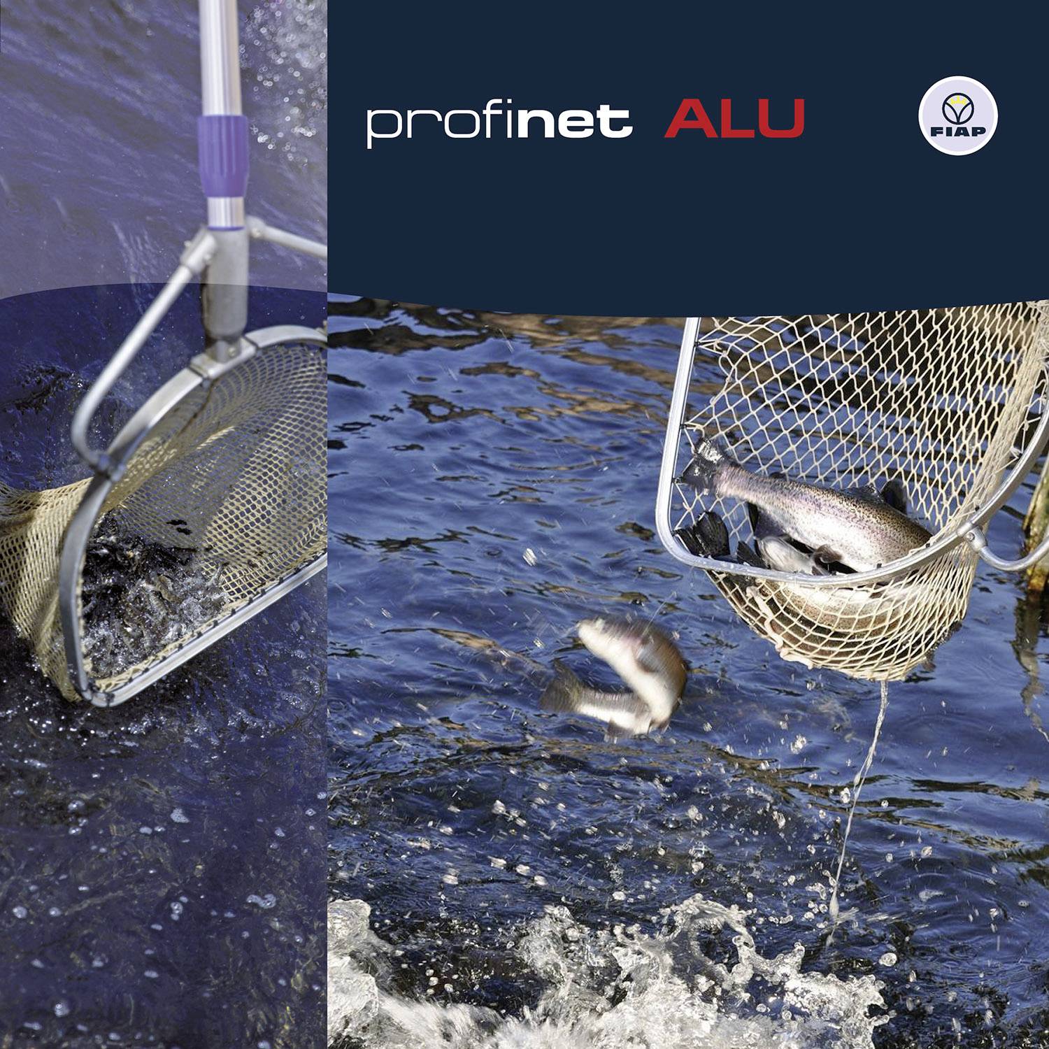 Ein Fischernetz taucht zwei Fische aus dem Wasser. Oben rechts befinden sich die Logos von 'profinet ALU' und 'FIAP'.