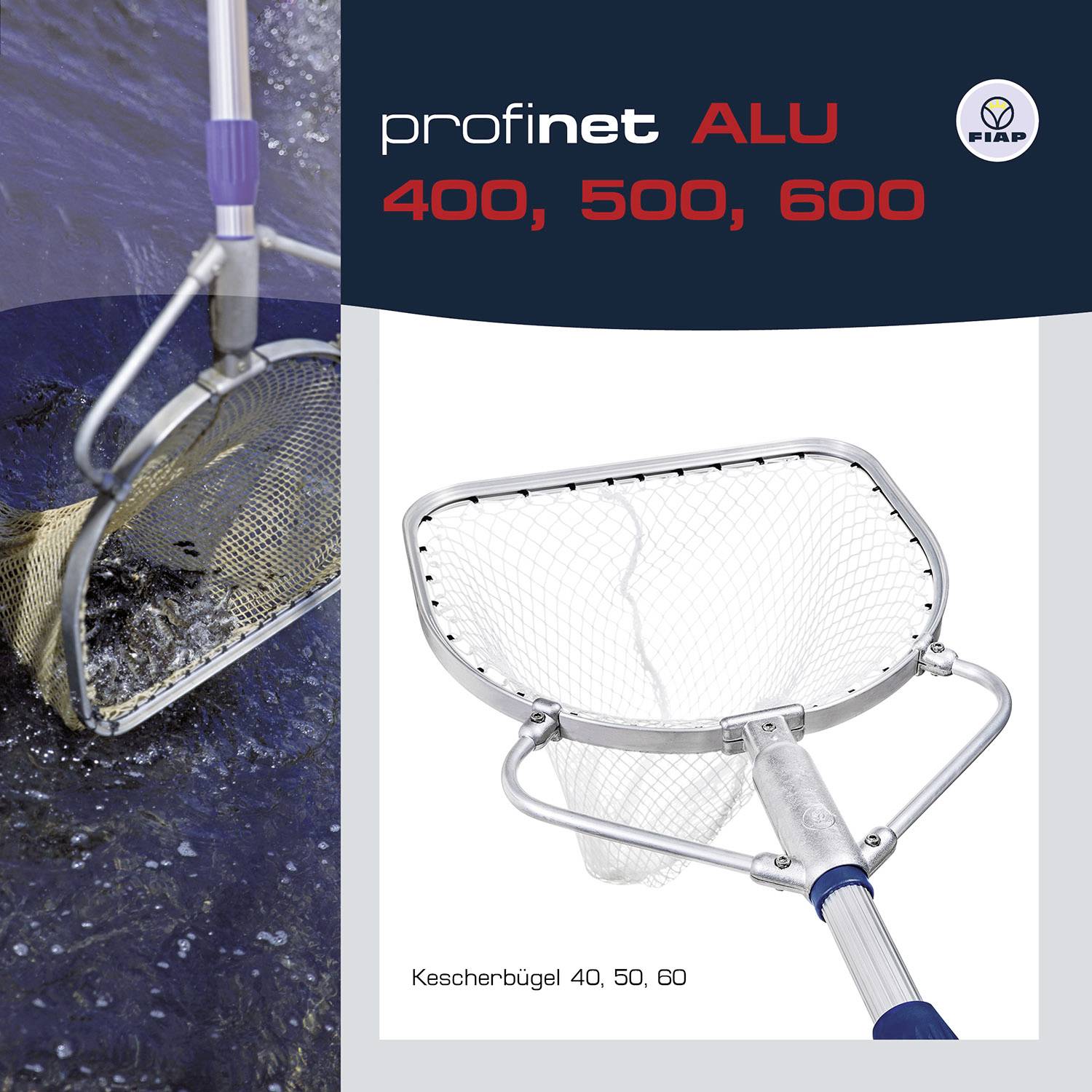 'Profinet ALU 400, 500, 600' Kescher im Wasser. Zwei Ansichten des Keschers, einer im Einsatz, einer Detailansicht. Markenlogo oben rechts.