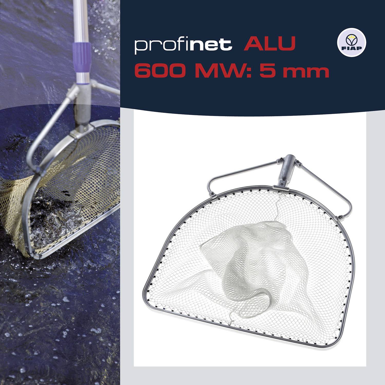 Ein Fischernetz taucht ins Wasser ein, daneben ein Bild des Netzes. Oben steht der Text 'profinet ALU 600 MW: 5 mm'.