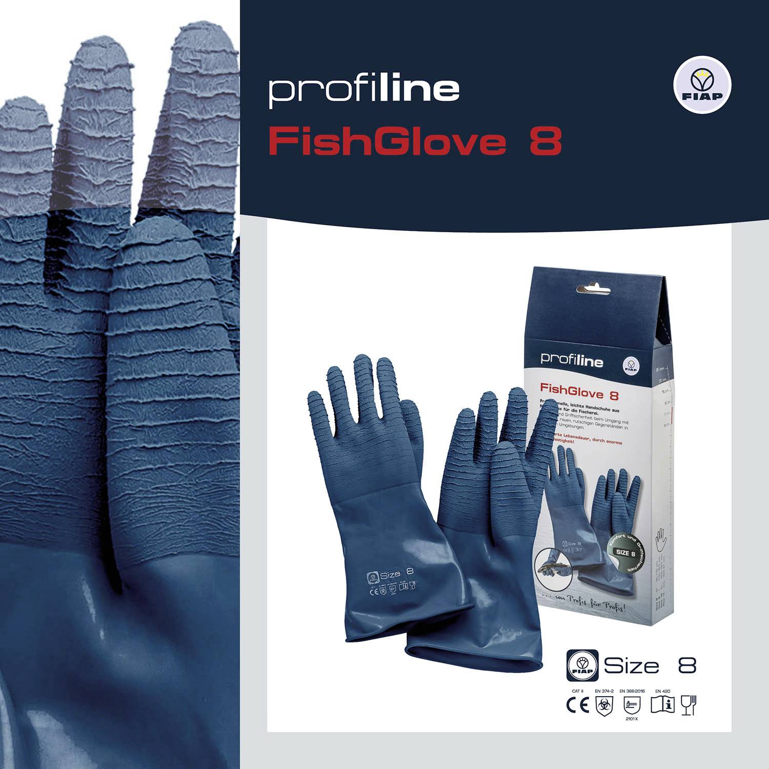 'FishGlove 8' Arbeitshandschuhe, blau, mit Fischschuppenstruktur für besseren Griff und Schutz, in der Verpackung abgebildet.