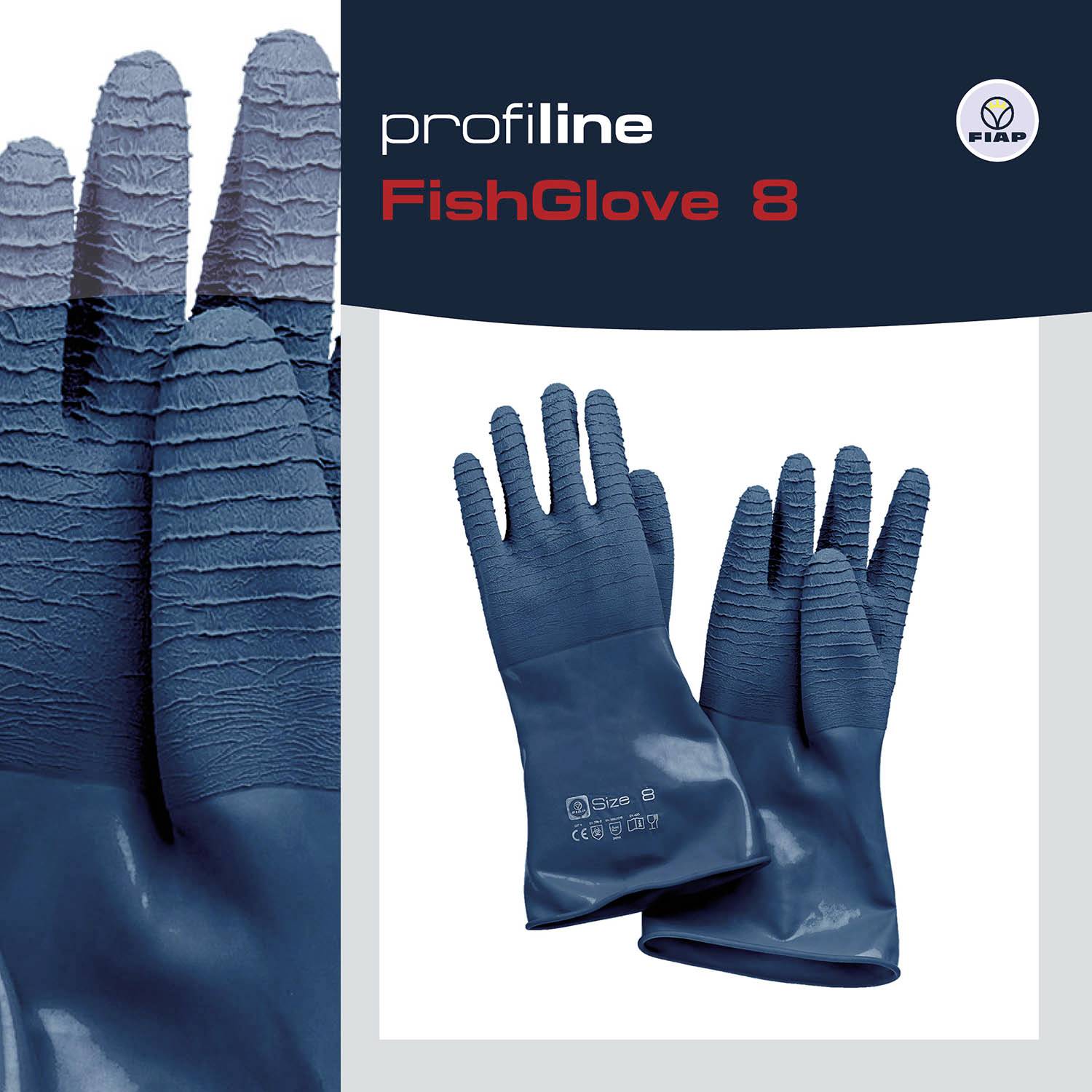 Blaue Schutzhandschuhe 'FishGlove 8' von Fiar, geeignet für professionelle Anwendungen. Markenlogo oben rechts.