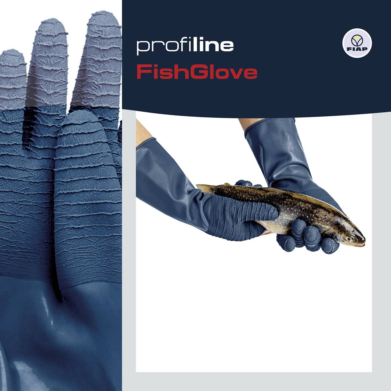 Blaue Handschuhe halten einen Fisch. Links vergrößerte Nahaufnahme eines Handschuhs. Logo von 'profi line' und 'FishGlove'.