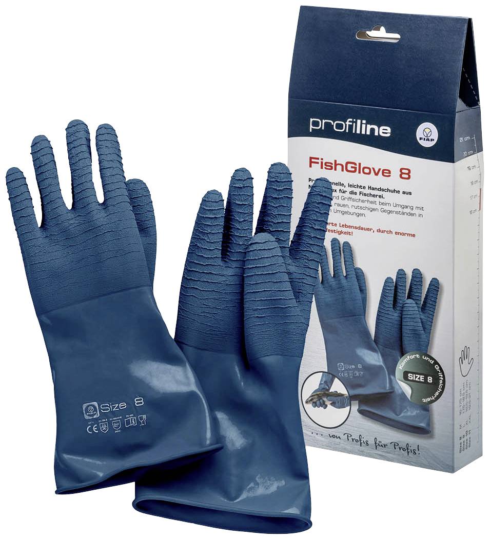 Blaue, geriffelte Handschuhe vor Verpackung mit Aufschrift 'FishGlove 8'. Geeignet für sicheren Griff bei feuchten Oberflächen. Größe 8.