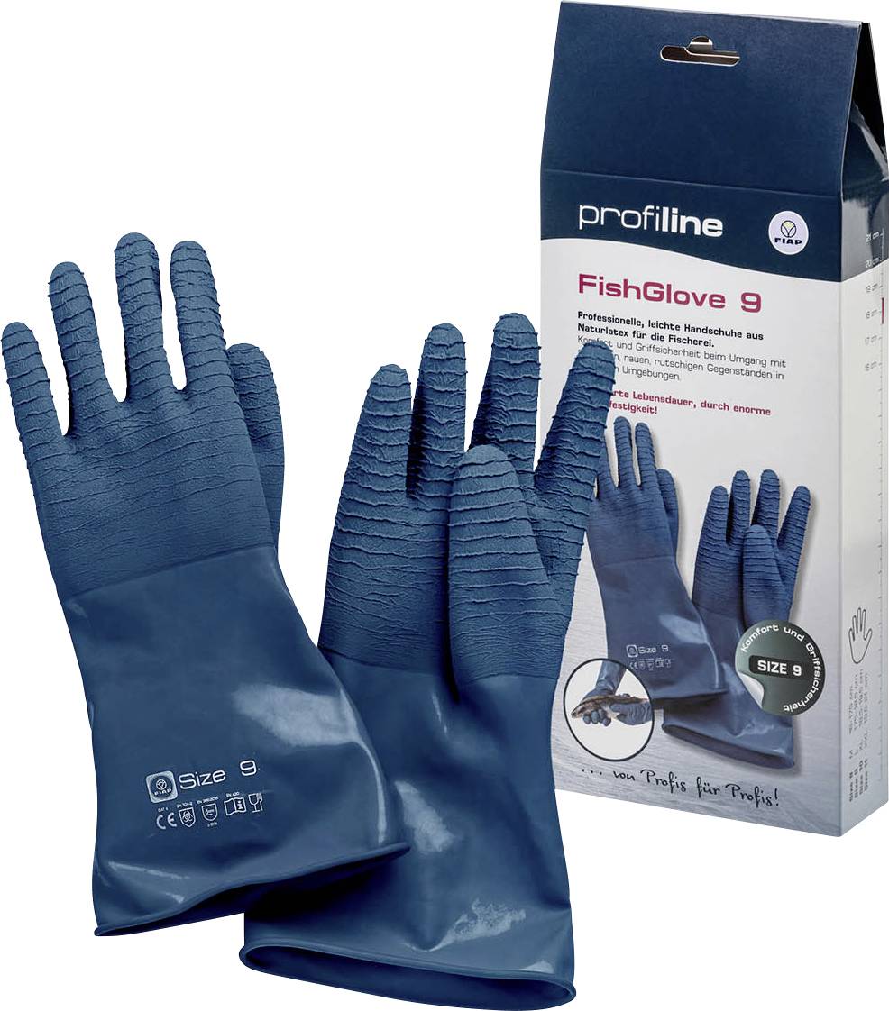 Blaue Gummi-Fischerhandschuhe mit strukturiertem Griff und Produktbox mit der Bezeichnung „profi line FishGlove 9