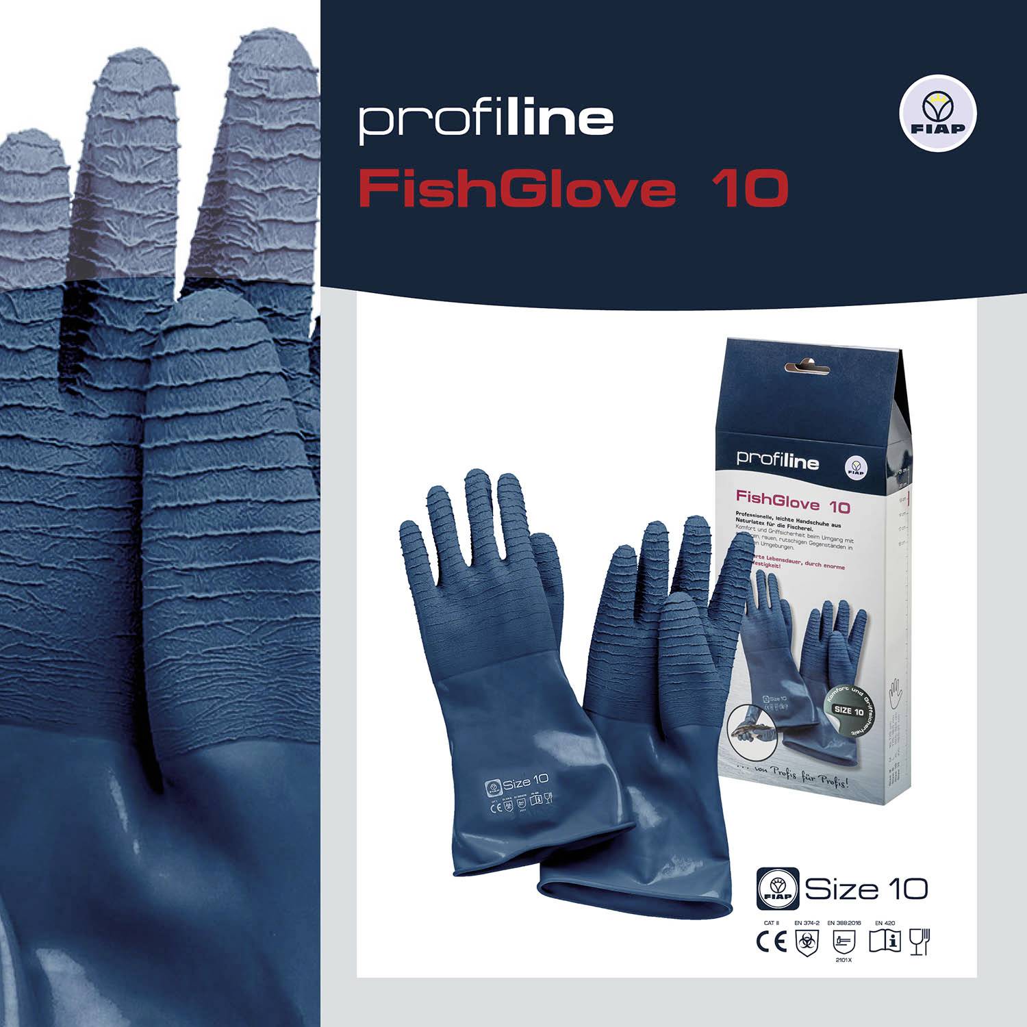 Blaue Gummihandschuhe 'FishGlove 10' von profiline, rutschfest und langlebig. Verpackung zeigt Bild von Handschuhen, Größe 10.