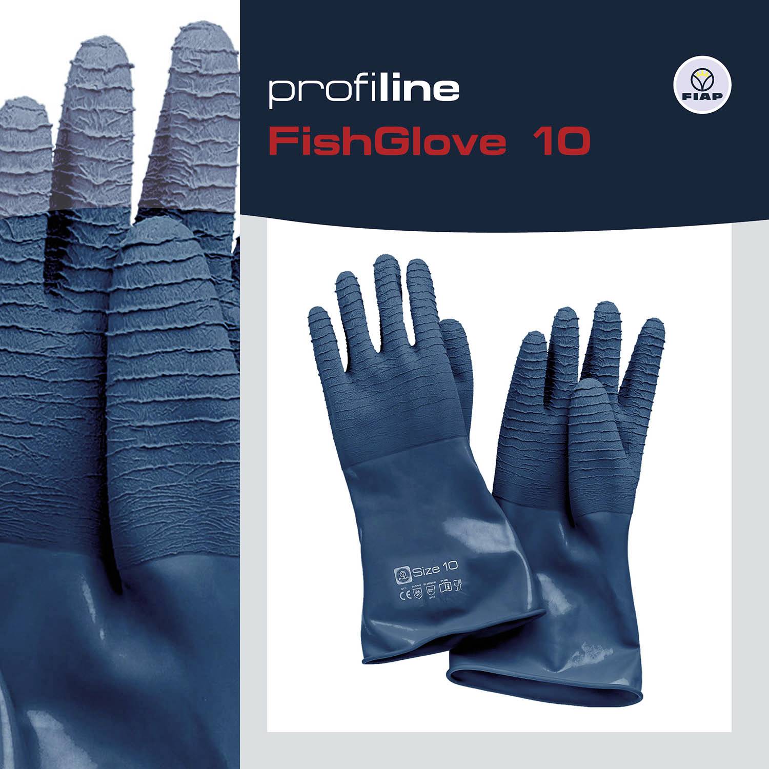 'Profiline FishGlove 10' blaue Handschuhe auf grauem Hintergrund, präsentiert von der Marke FIAP.