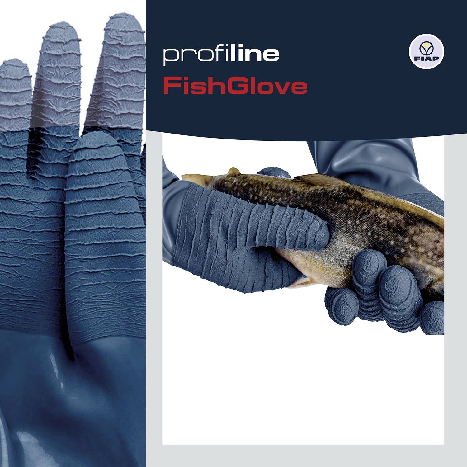 Ein Paar blaue Handschuhe hält einen kleinen Fisch. Der Text 'profiline FishGlove' und das Logo der Marke sind sichtbar.