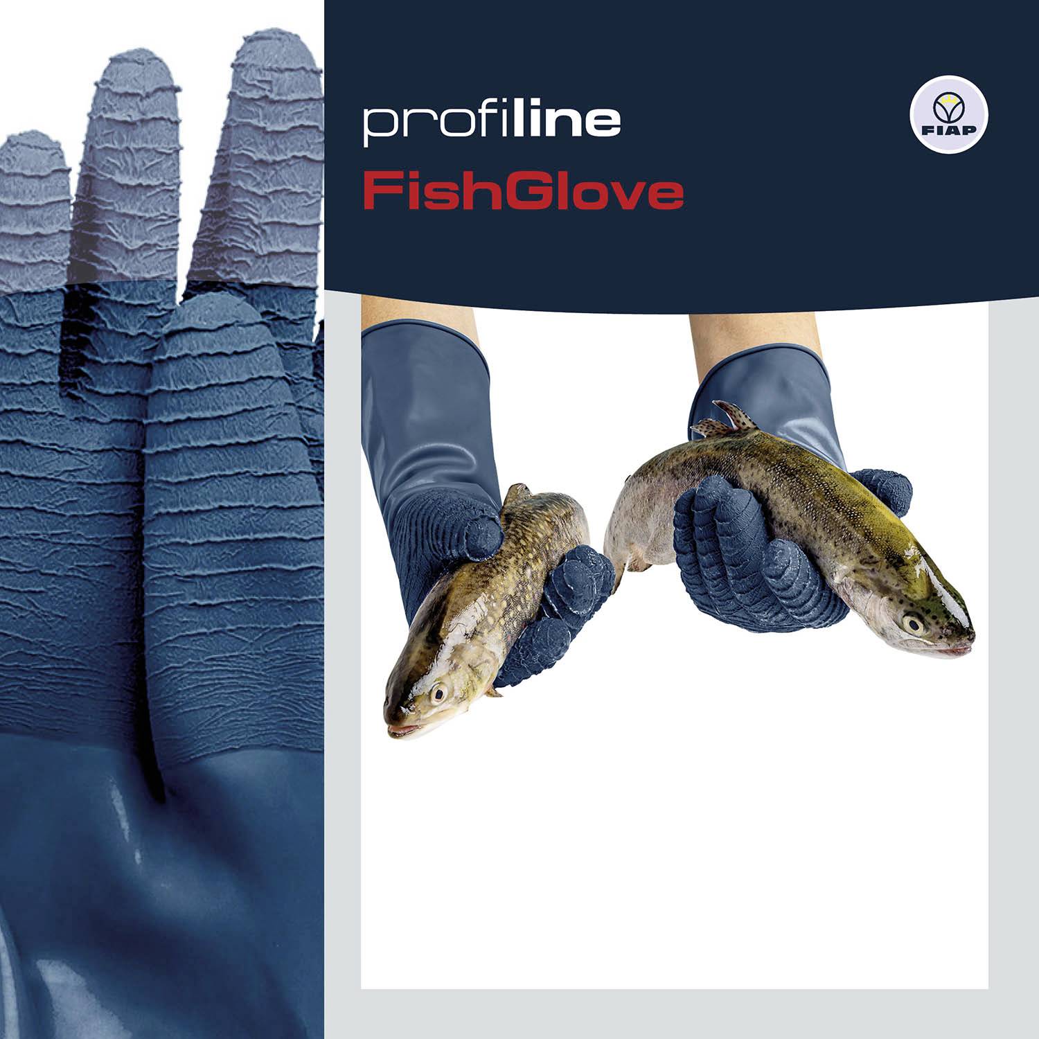 Bild eines Profline FishGlove. Hände halten Fische. Logo oben rechts. Handschuhe blau mit strukturierter Oberfläche.