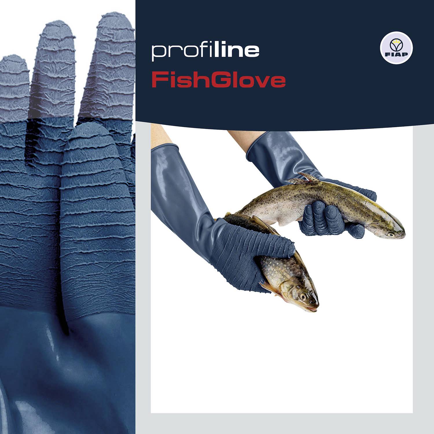 'Profiline FishGlove' zeigt blaue Handschuhe beim Halten von zwei Fischen. Rechts oben Fisap-Logo. Werbebild für Schutzhandschuhe.